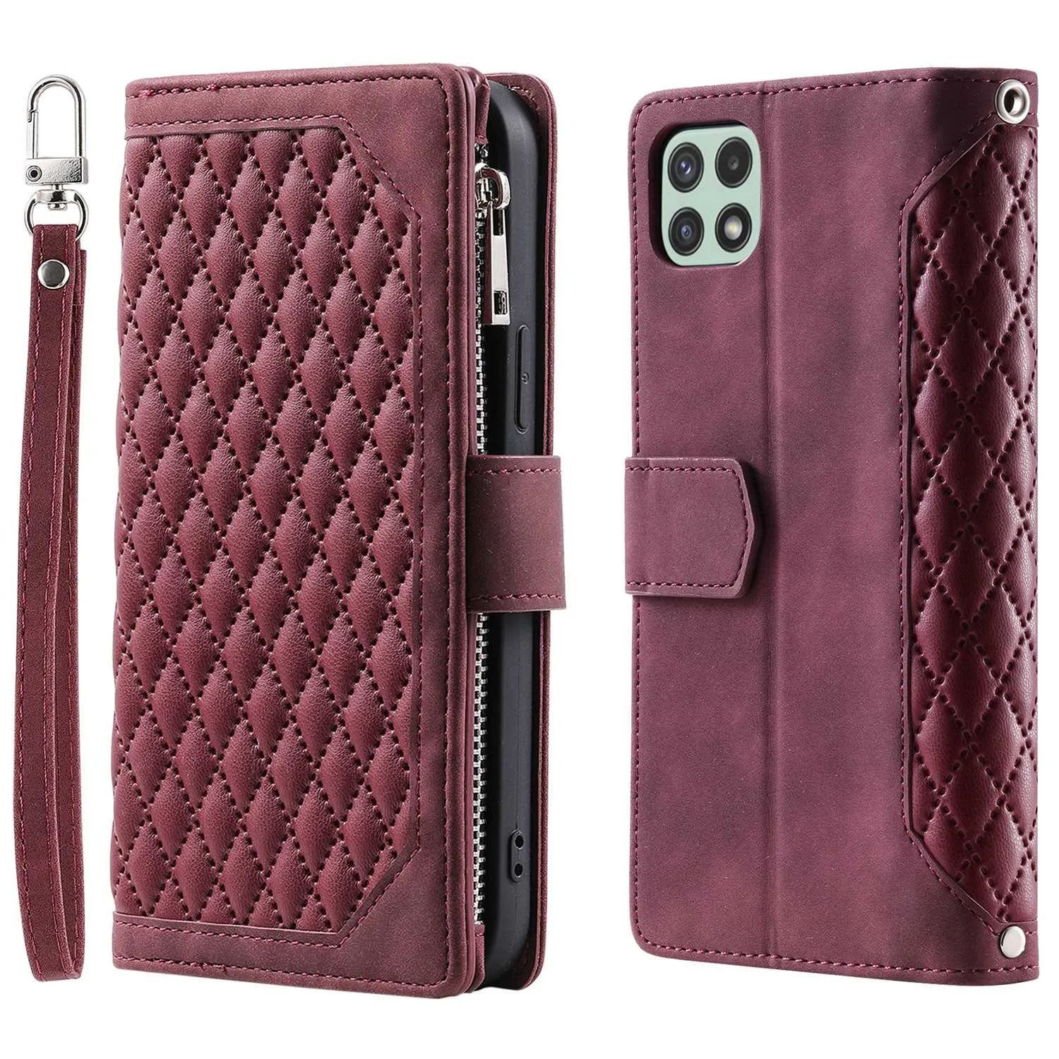 005 Phone Case Pouch for Samsung Galaxy A22 5G (EU Version), Anti-scratch Rhombus Grid Textured PU Leather Zipper Pocket Stand Wallet Phone Case with Multiple Card Slots and Handy Strap