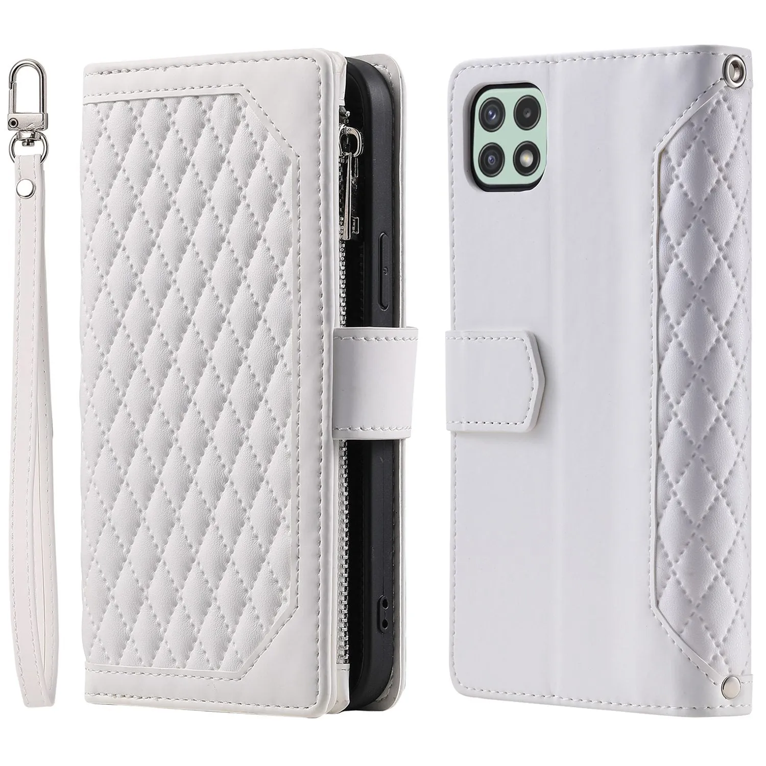 005 Phone Case Pouch for Samsung Galaxy A22 5G (EU Version), Anti-scratch Rhombus Grid Textured PU Leather Zipper Pocket Stand Wallet Phone Case with Multiple Card Slots and Handy Strap