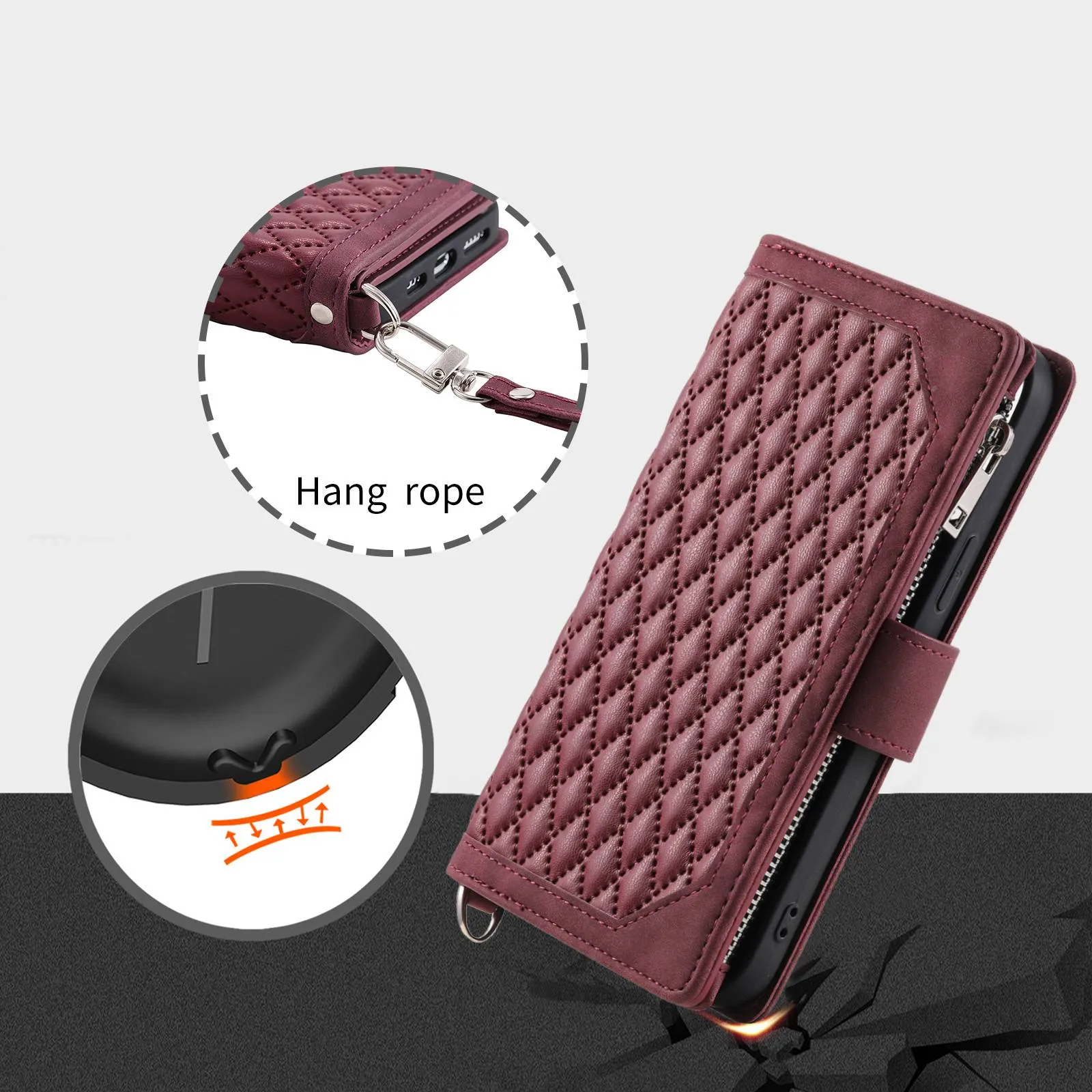 005 Phone Case Pouch for Samsung Galaxy A22 5G (EU Version), Anti-scratch Rhombus Grid Textured PU Leather Zipper Pocket Stand Wallet Phone Case with Multiple Card Slots and Handy Strap