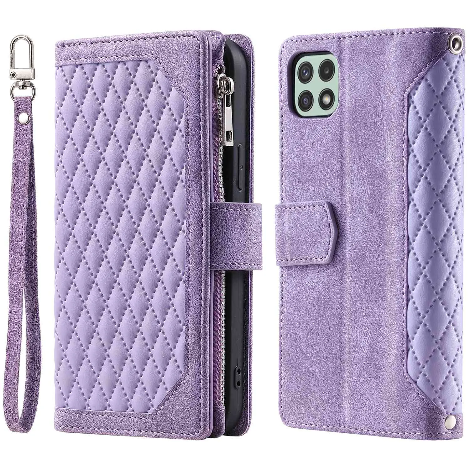 005 Phone Case Pouch for Samsung Galaxy A22 5G (EU Version), Anti-scratch Rhombus Grid Textured PU Leather Zipper Pocket Stand Wallet Phone Case with Multiple Card Slots and Handy Strap