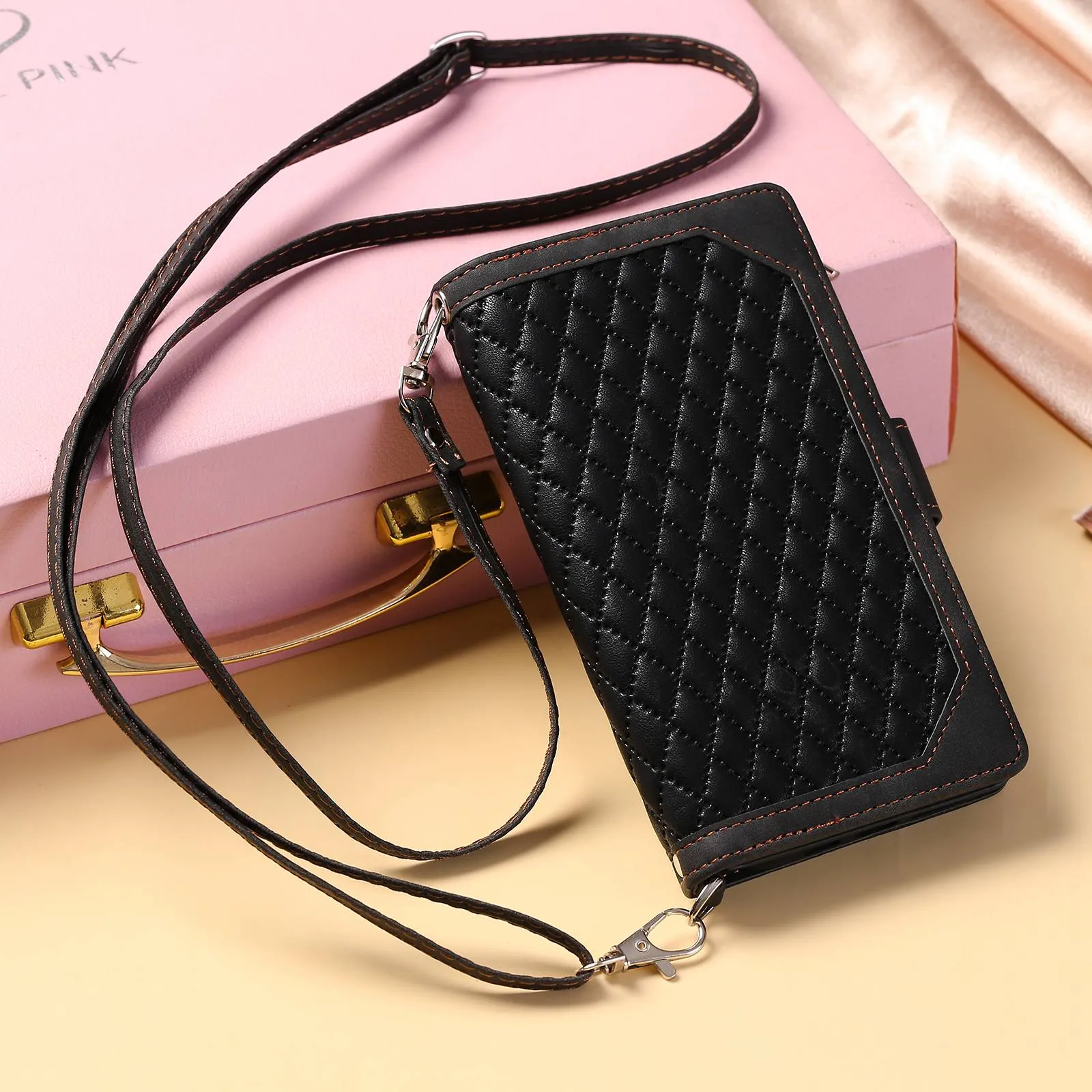 005 Style Drop-proof Phone Case for iPhone 11 Pro Max 6.5 inch, Leather Rhombus Texture Full Body Protection Stand Wallet Cover with Zipper Pocket