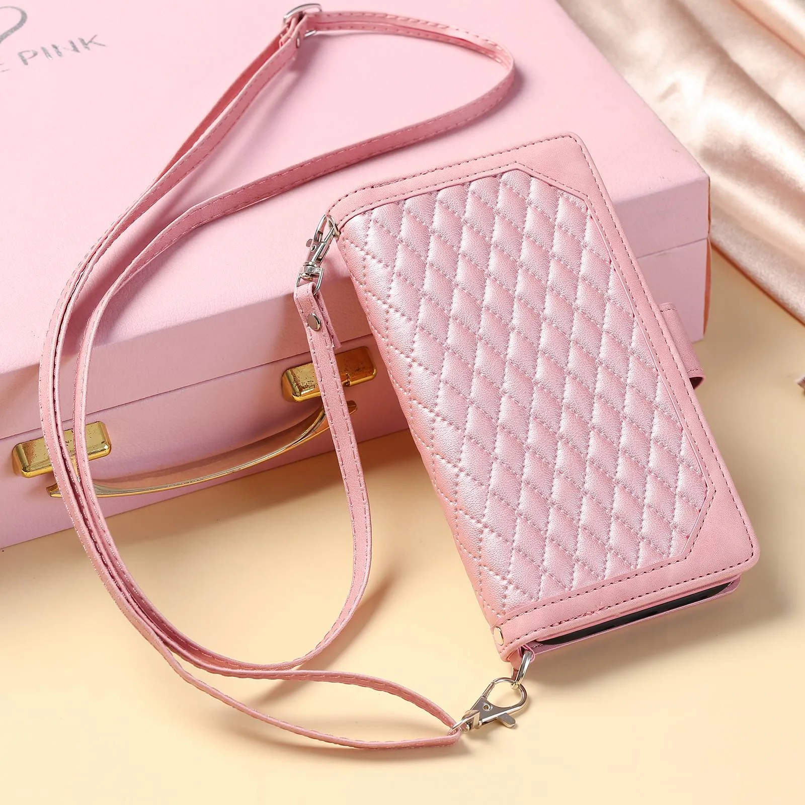 005 Style Drop-proof Phone Case for iPhone 11 Pro Max 6.5 inch, Leather Rhombus Texture Full Body Protection Stand Wallet Cover with Zipper Pocket