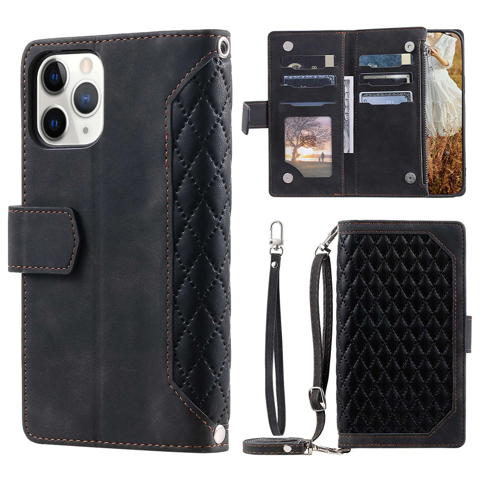 005 Style Drop-proof Phone Case for iPhone 11 Pro Max 6.5 inch, Leather Rhombus Texture Full Body Protection Stand Wallet Cover with Zipper Pocket