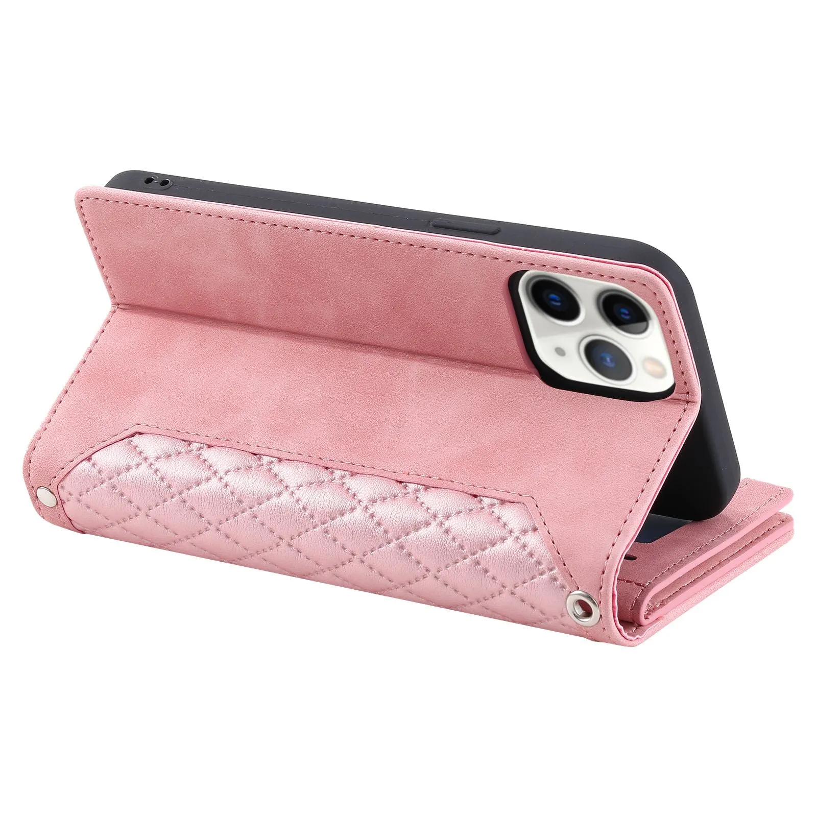 005 Style Drop-proof Phone Case for iPhone 11 Pro Max 6.5 inch, Leather Rhombus Texture Full Body Protection Stand Wallet Cover with Zipper Pocket