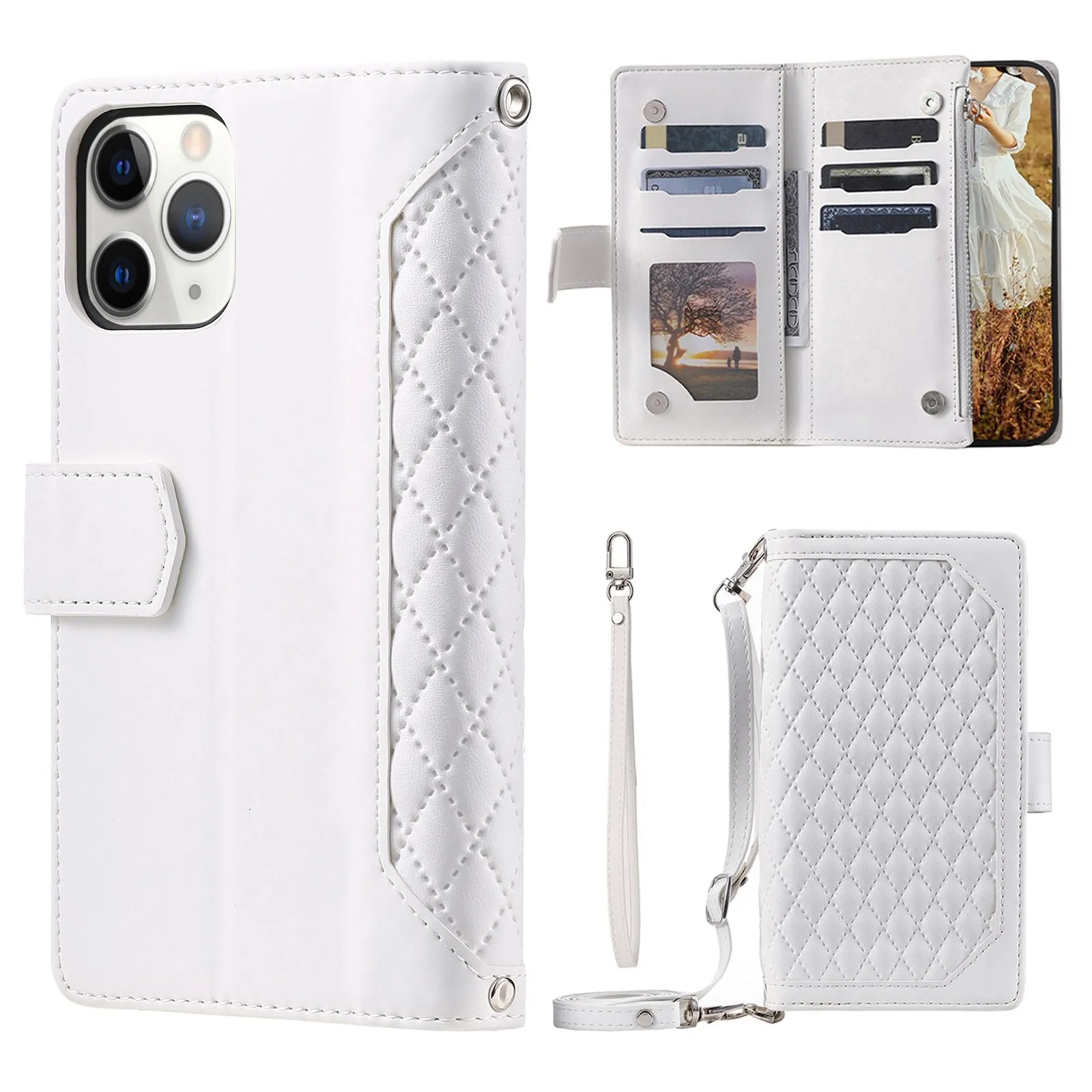 005 Style Drop-proof Phone Case for iPhone 11 Pro Max 6.5 inch, Leather Rhombus Texture Full Body Protection Stand Wallet Cover with Zipper Pocket