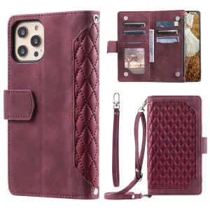 005 Style Drop-proof Phone Case for iPhone 11 Pro Max 6.5 inch, Leather Rhombus Texture Full Body Protection Stand Wallet Cover with Zipper Pocket