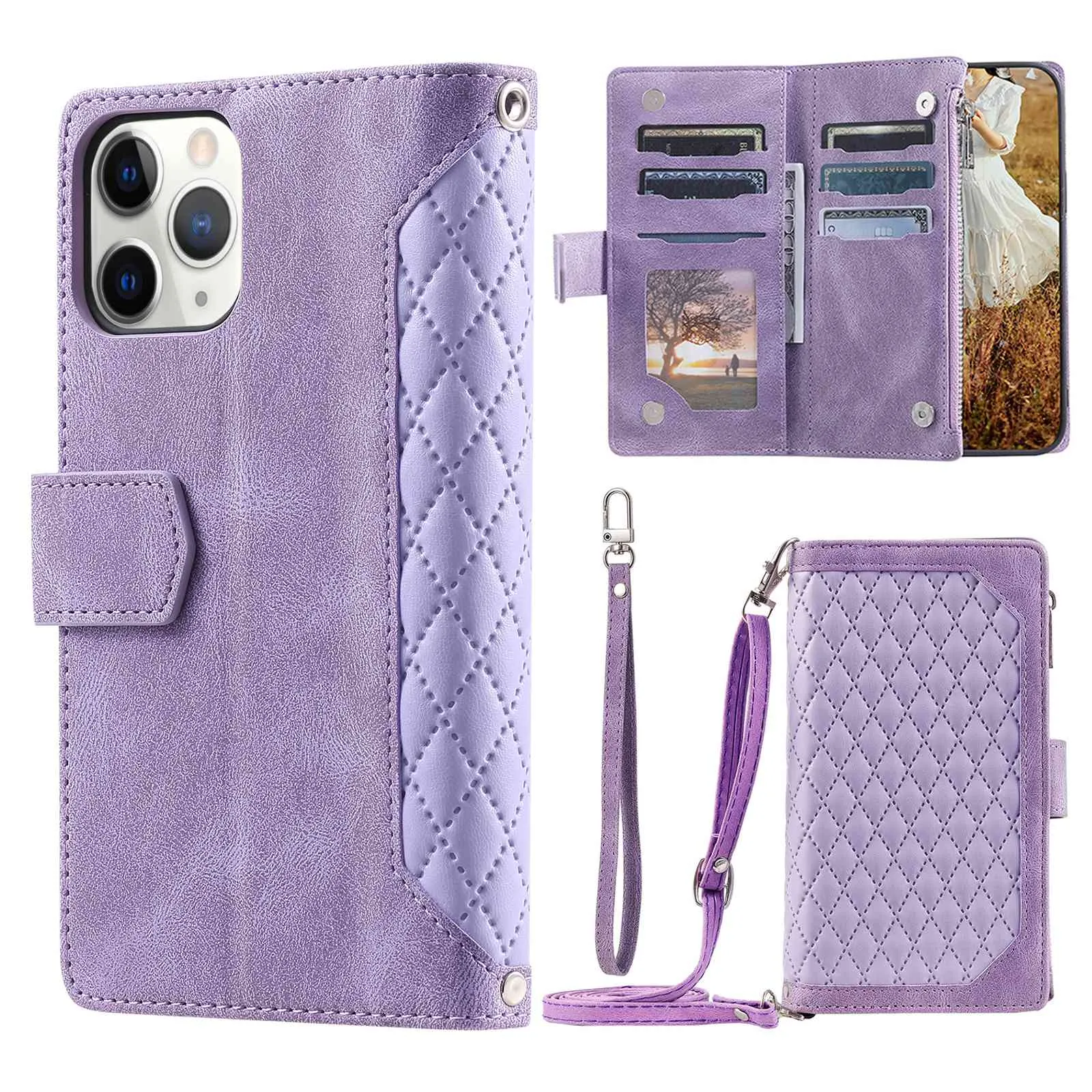 005 Style Drop-proof Phone Case for iPhone 11 Pro Max 6.5 inch, Leather Rhombus Texture Full Body Protection Stand Wallet Cover with Zipper Pocket