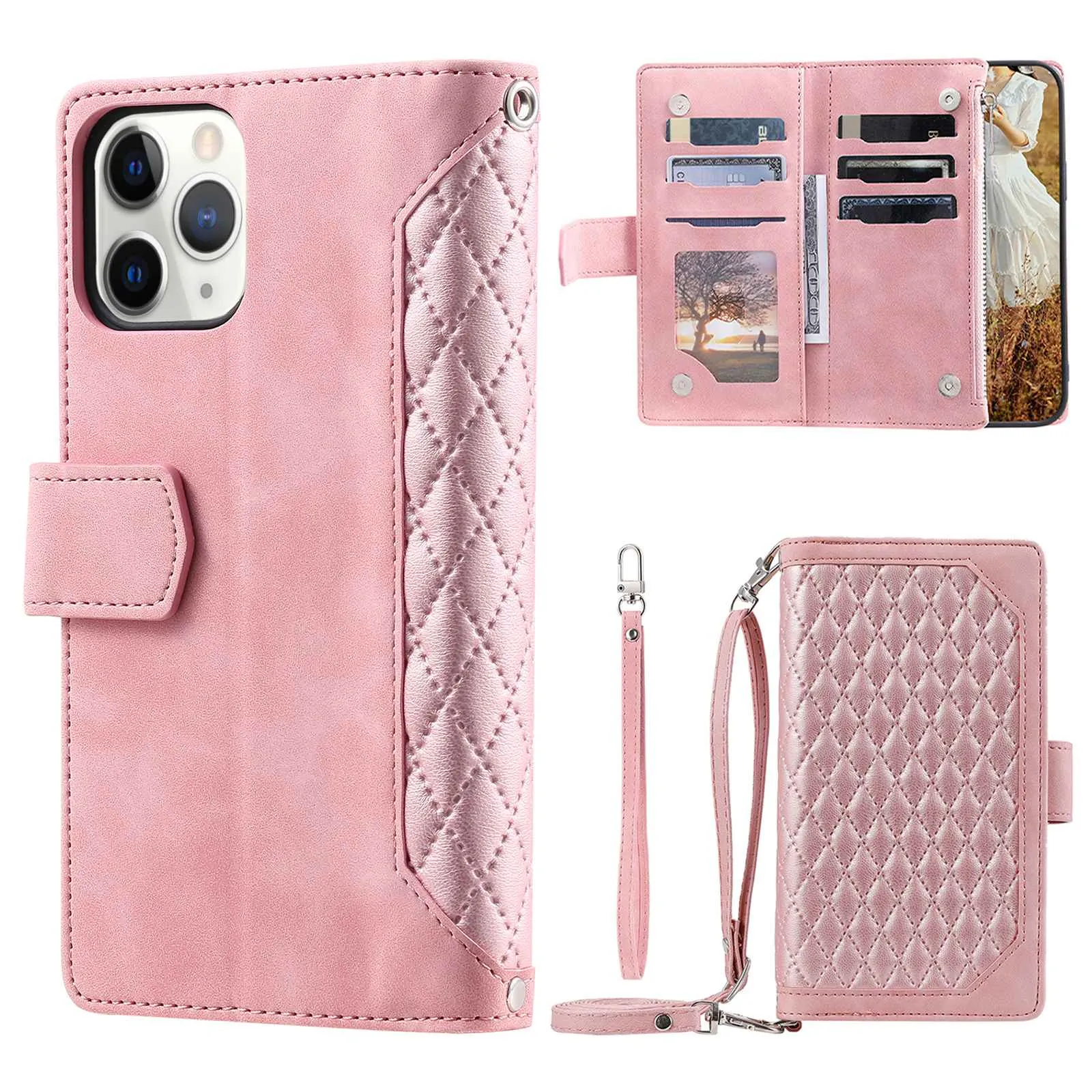 005 Style Drop-proof Phone Case for iPhone 11 Pro Max 6.5 inch, Leather Rhombus Texture Full Body Protection Stand Wallet Cover with Zipper Pocket