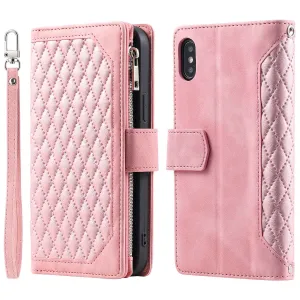 005 Style for iPhone X / XS Max 6.5 inch Rhombus Texture Stand Wallet Case Zipper Pocket PU Leather Phone Cover with Wrist Strap