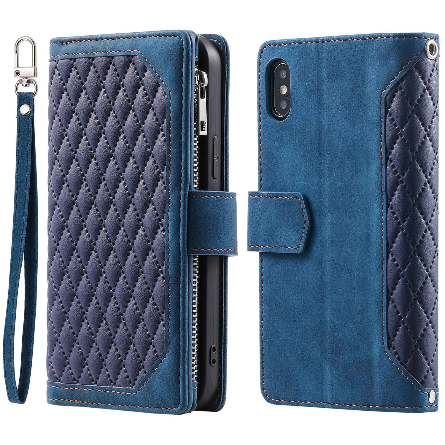 005 Style for iPhone X / XS Max 6.5 inch Rhombus Texture Stand Wallet Case Zipper Pocket PU Leather Phone Cover with Wrist Strap