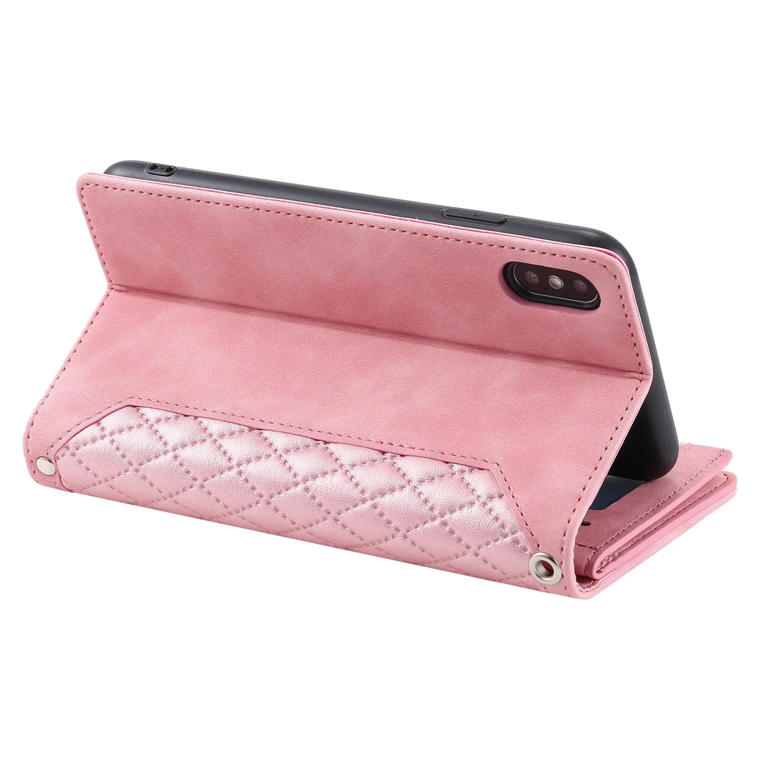 005 Style for iPhone X / XS Max 6.5 inch Rhombus Texture Stand Wallet Case Zipper Pocket PU Leather Phone Cover with Wrist Strap