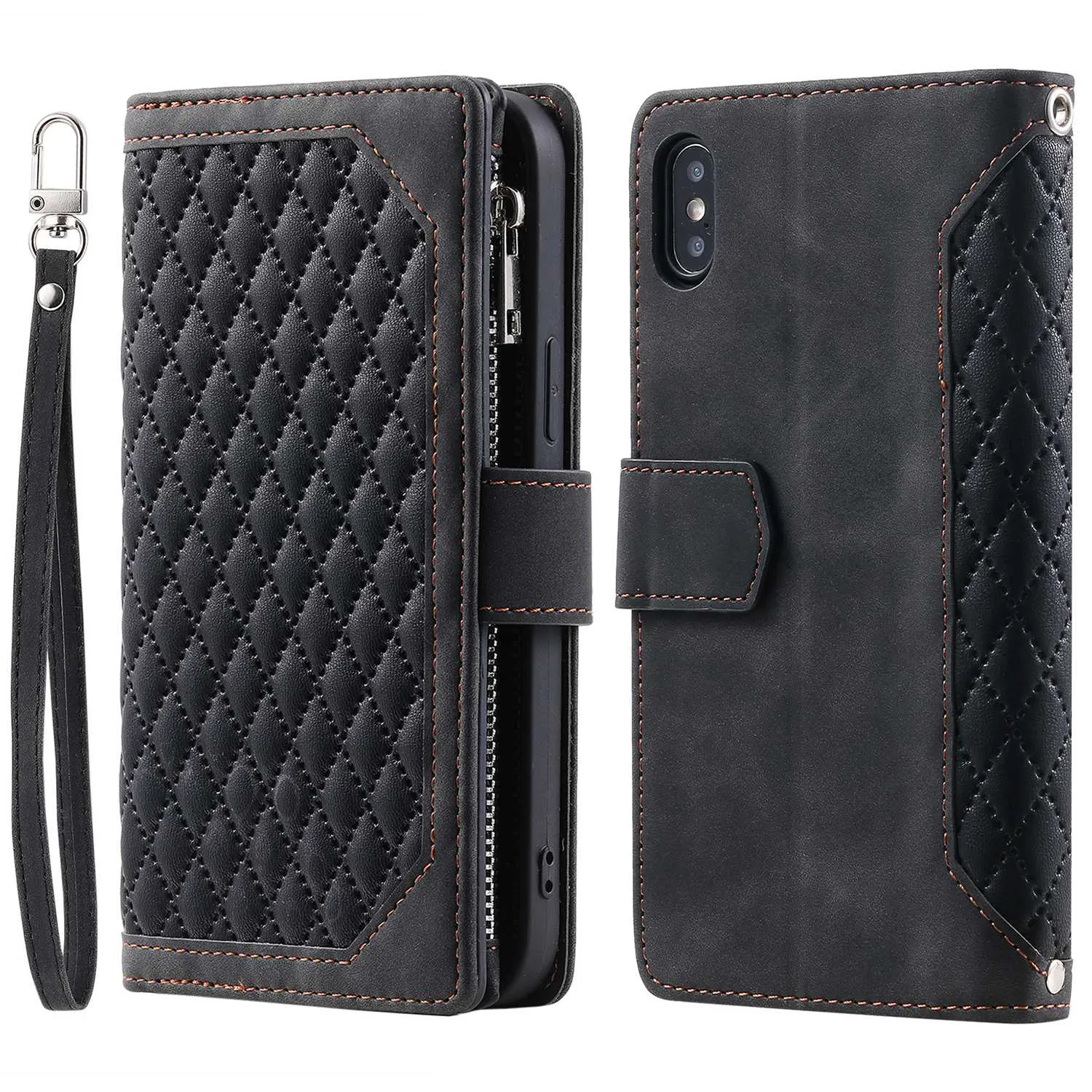 005 Style for iPhone X / XS Max 6.5 inch Rhombus Texture Stand Wallet Case Zipper Pocket PU Leather Phone Cover with Wrist Strap