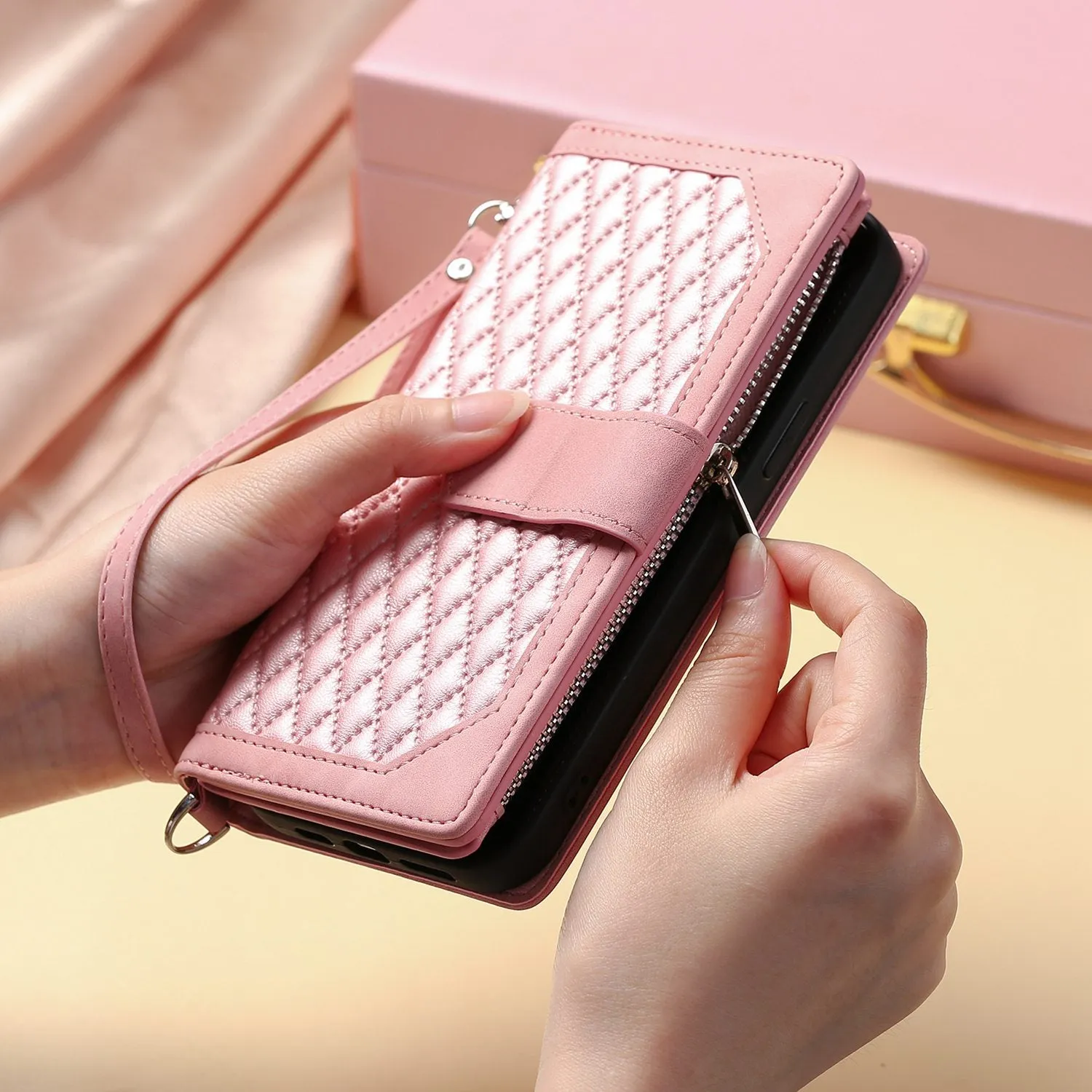 005 Style for iPhone X / XS Max 6.5 inch Rhombus Texture Stand Wallet Case Zipper Pocket PU Leather Phone Cover with Wrist Strap