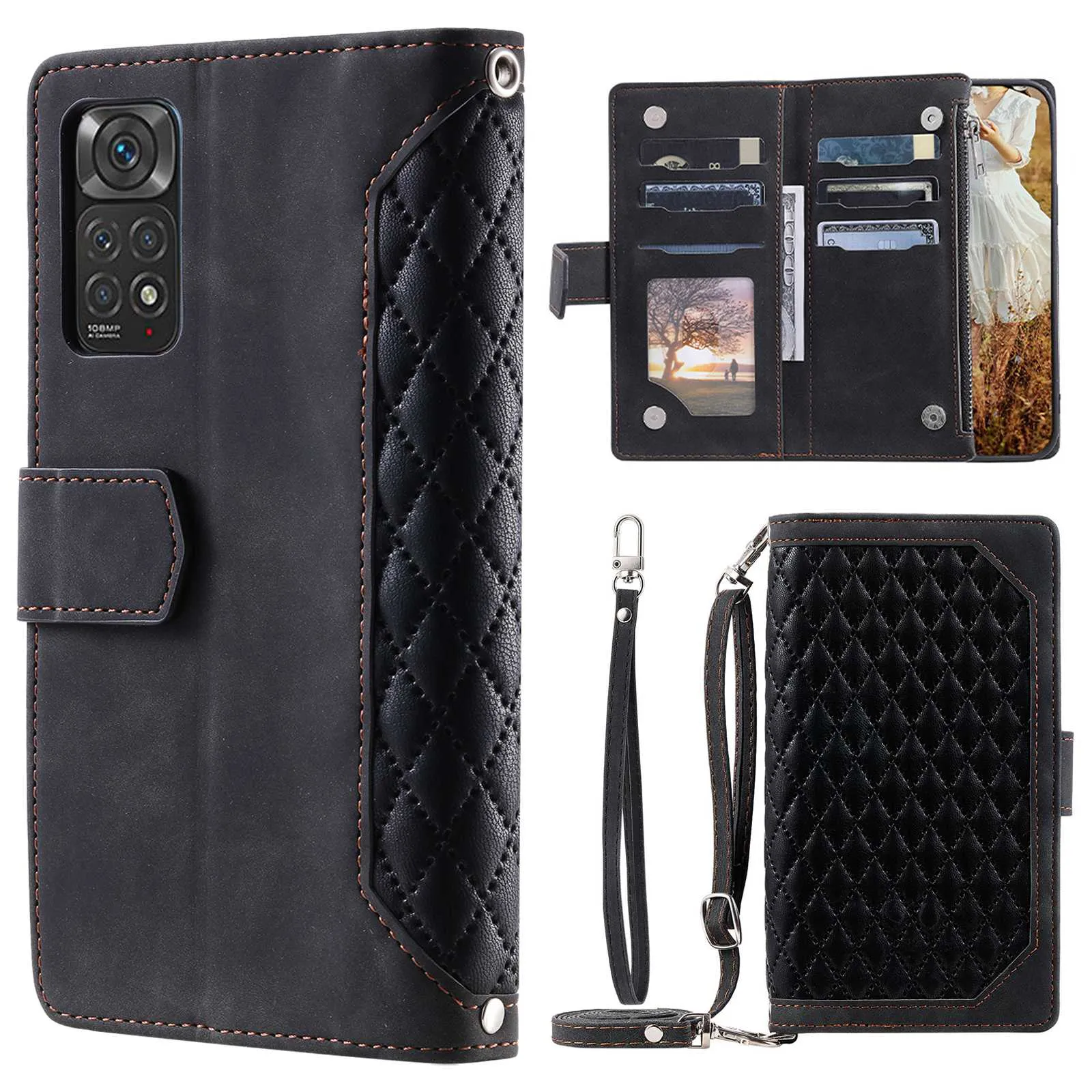 005 Style Phone Case for Xiaomi Redmi Note 11S 4G / Note 11 4G (Qualcomm), Leather Rhombus Texture Full Body Protection Stand Wallet Feature Cover with Zipper Pocket