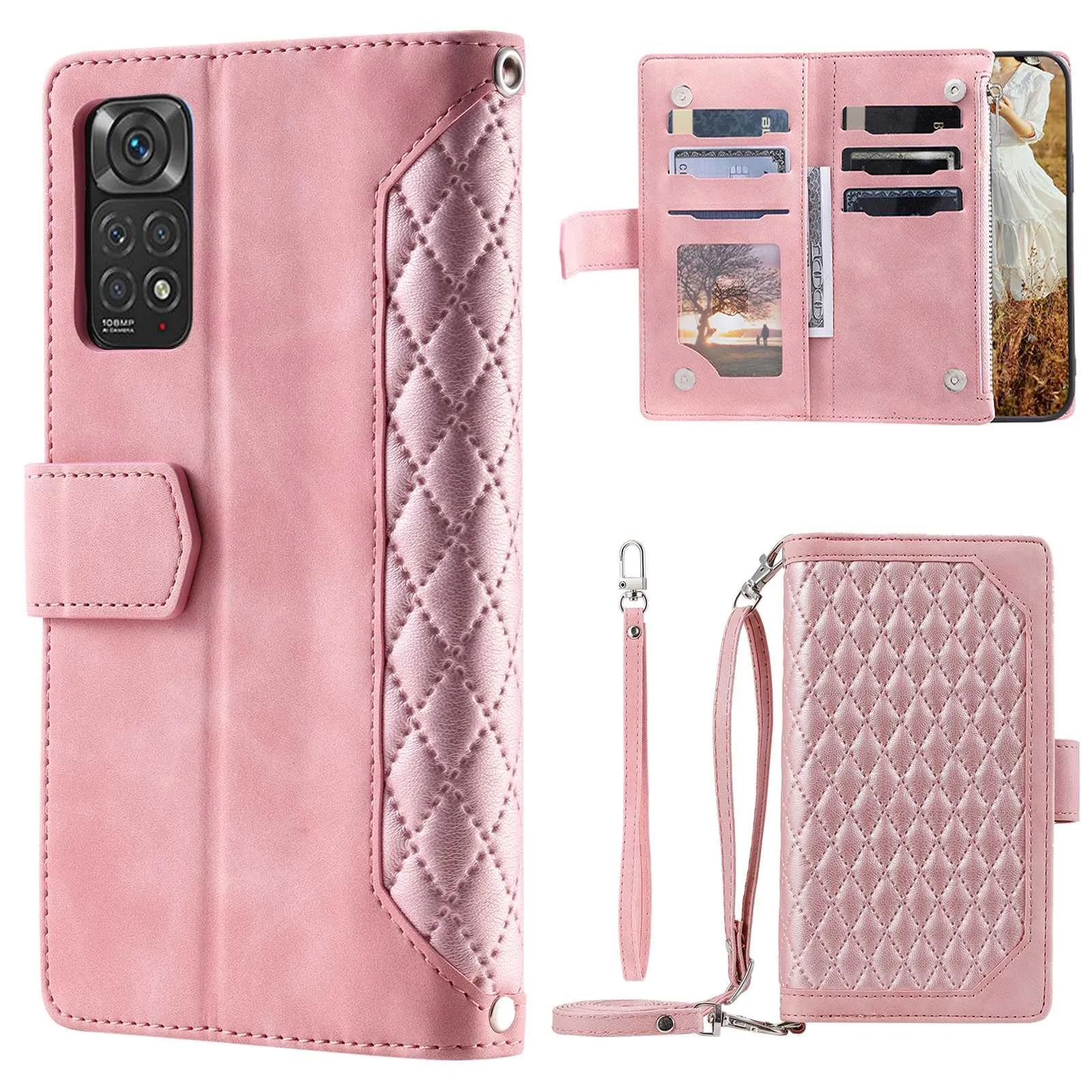 005 Style Phone Case for Xiaomi Redmi Note 11S 4G / Note 11 4G (Qualcomm), Leather Rhombus Texture Full Body Protection Stand Wallet Feature Cover with Zipper Pocket