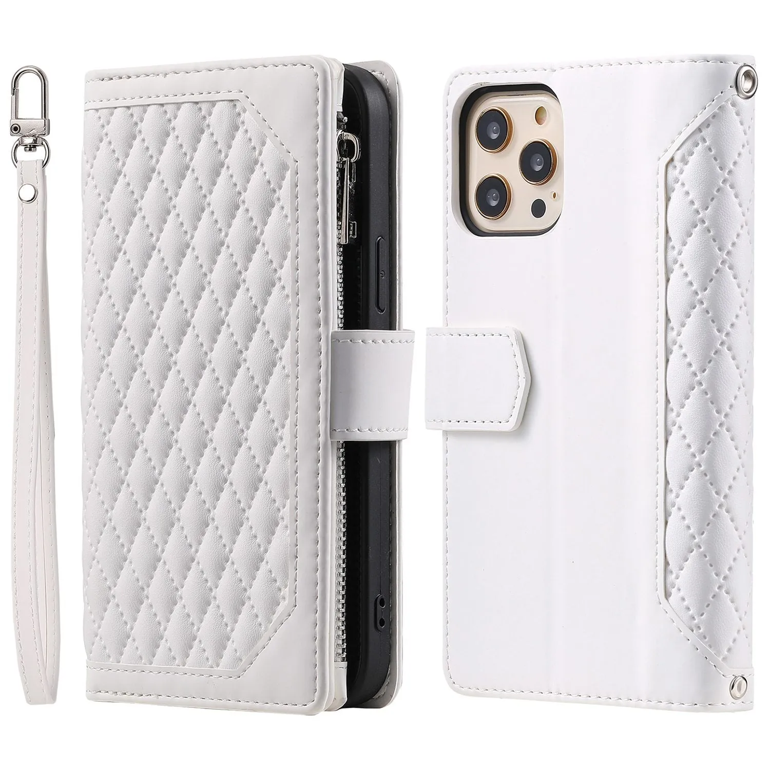 005 Style Zipper Pocket Phone Cover for iPhone 11 Pro 5.8 inch, Rhombus Texture PU Leather Stand Wallet Case with Wrist Strap