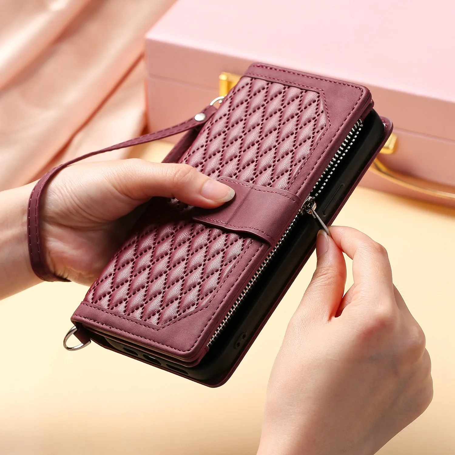 005 Style Zipper Pocket Phone Cover for iPhone 11 Pro 5.8 inch, Rhombus Texture PU Leather Stand Wallet Case with Wrist Strap