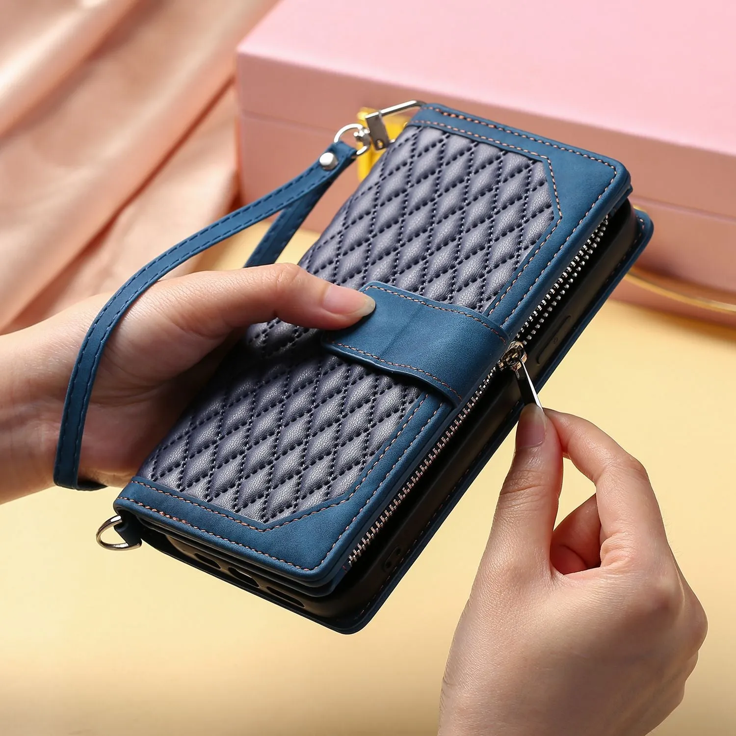 005 Style Zipper Pocket Phone Cover for iPhone 11 Pro 5.8 inch, Rhombus Texture PU Leather Stand Wallet Case with Wrist Strap