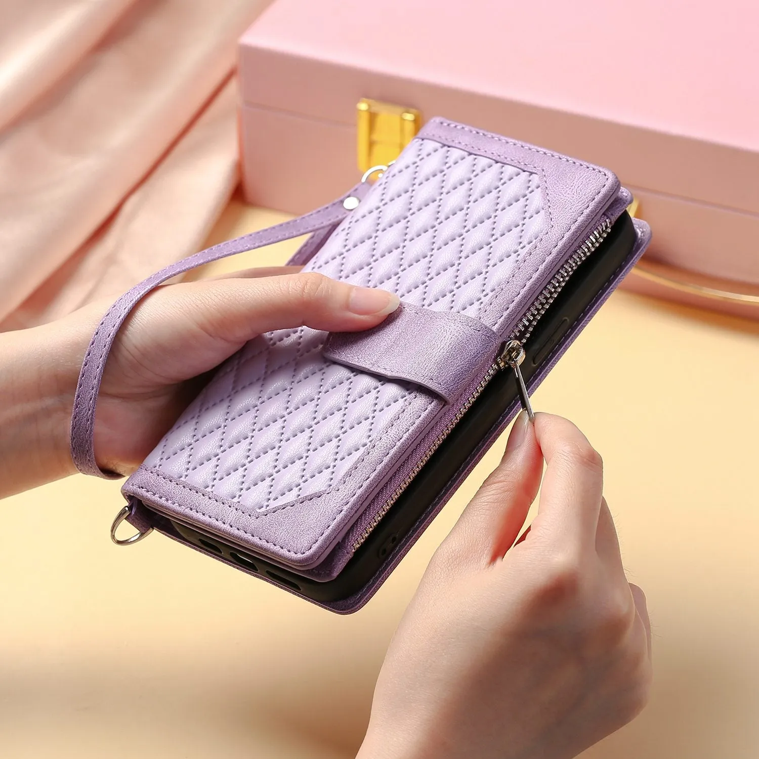 005 Style Zipper Pocket Phone Cover for iPhone 11 Pro 5.8 inch, Rhombus Texture PU Leather Stand Wallet Case with Wrist Strap