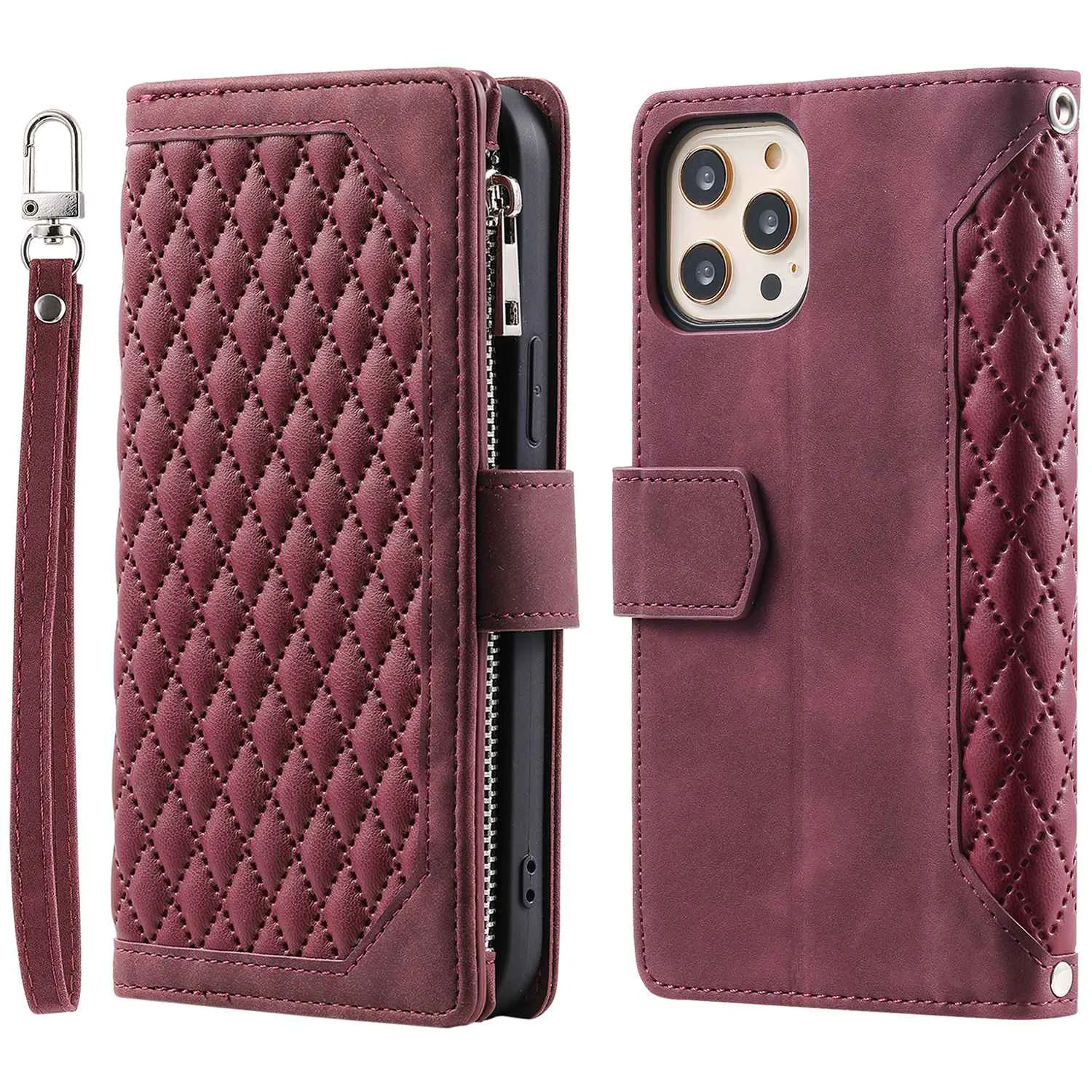 005 Style Zipper Pocket Phone Cover for iPhone 11 Pro 5.8 inch, Rhombus Texture PU Leather Stand Wallet Case with Wrist Strap