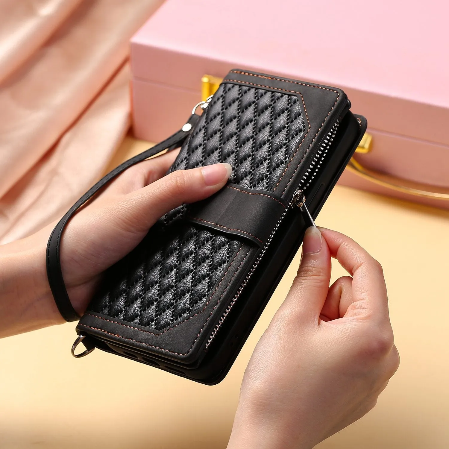 005 Style Zipper Pocket Phone Cover for iPhone 11 Pro 5.8 inch, Rhombus Texture PU Leather Stand Wallet Case with Wrist Strap