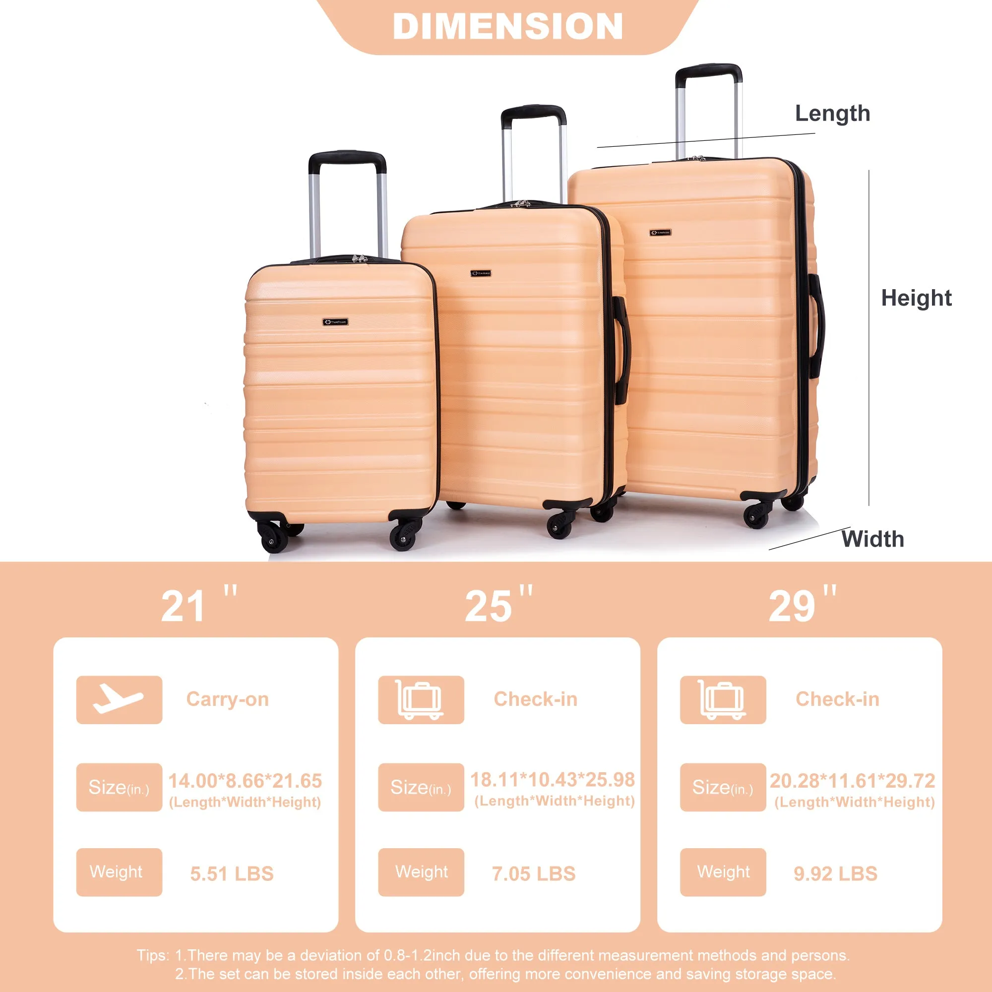 3-Piece Expandable Luggage Set - Lightweight PC Suitcases with Spinner Wheels, TSA Lock, Expandable Design (21/25/29 inches) - Peach