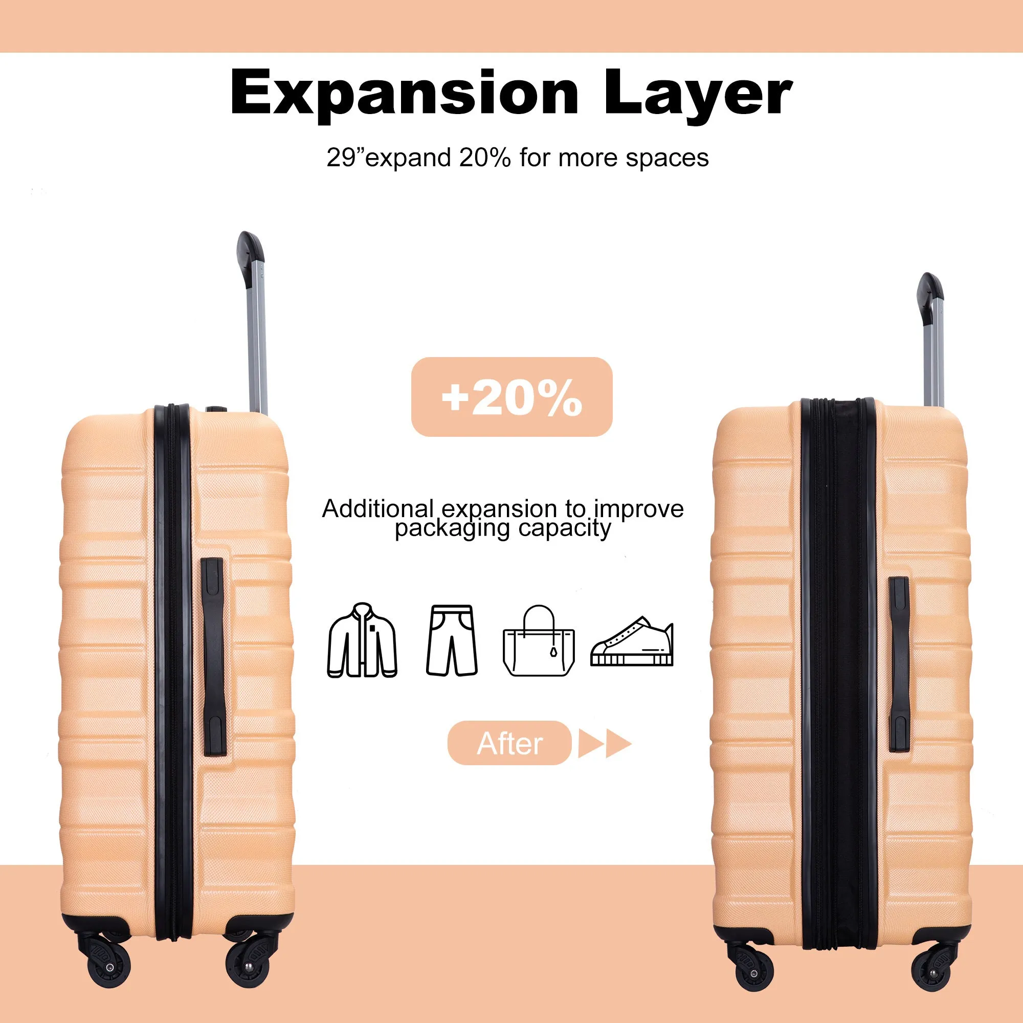 3-Piece Expandable Luggage Set - Lightweight PC Suitcases with Spinner Wheels, TSA Lock, Expandable Design (21/25/29 inches) - Peach