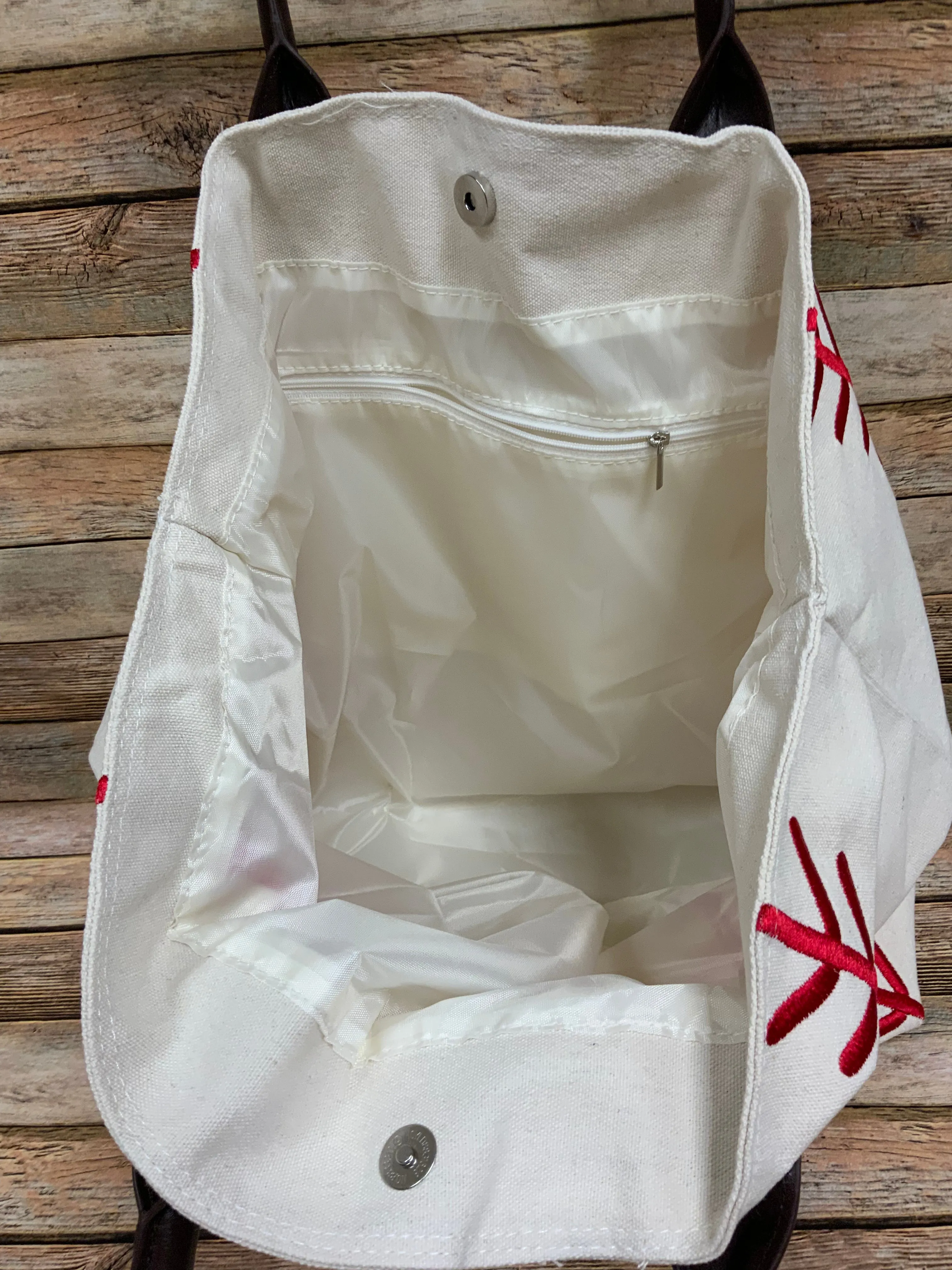 Baseball Tote with Embroidered Laces and Faux Leather Straps