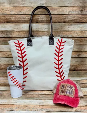 Baseball Tote with Embroidered Laces and Faux Leather Straps