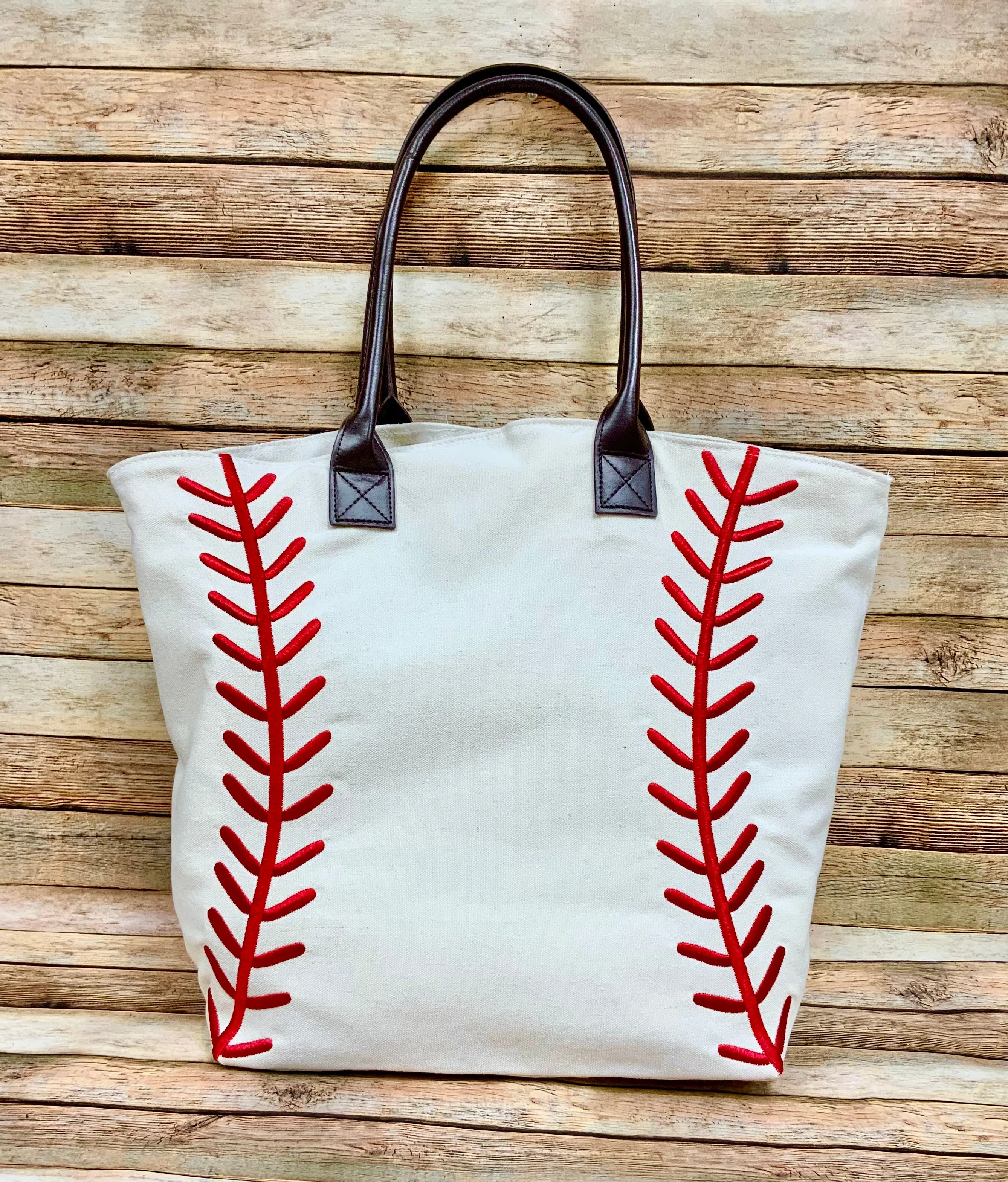 Baseball Tote with Embroidered Laces and Faux Leather Straps