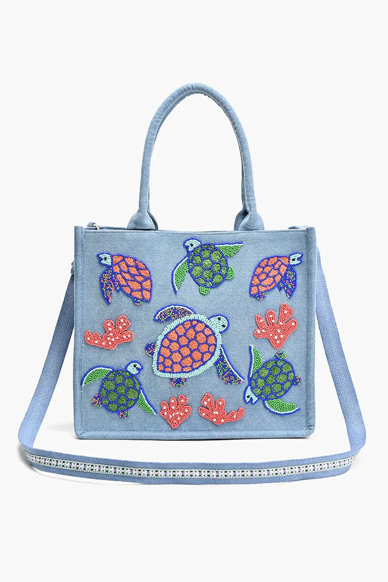 Beaded Denim Critter Shopper-Totally Turtle