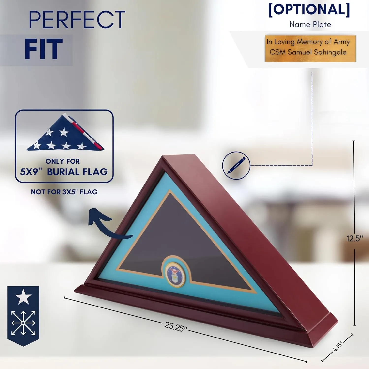 Burial Flag Display Case, Veteran Flag Display - Solid Wood Cherry Finish with UV-Protected Plexiglass and Optional Customizable Nameplate