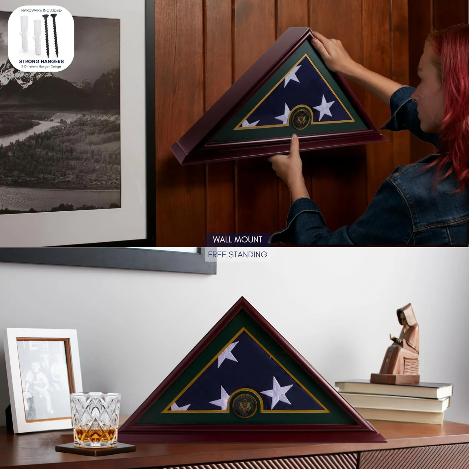 Burial Flag Display Case, Veteran Flag Display - Solid Wood Cherry Finish with UV-Protected Plexiglass and Optional Customizable Nameplate