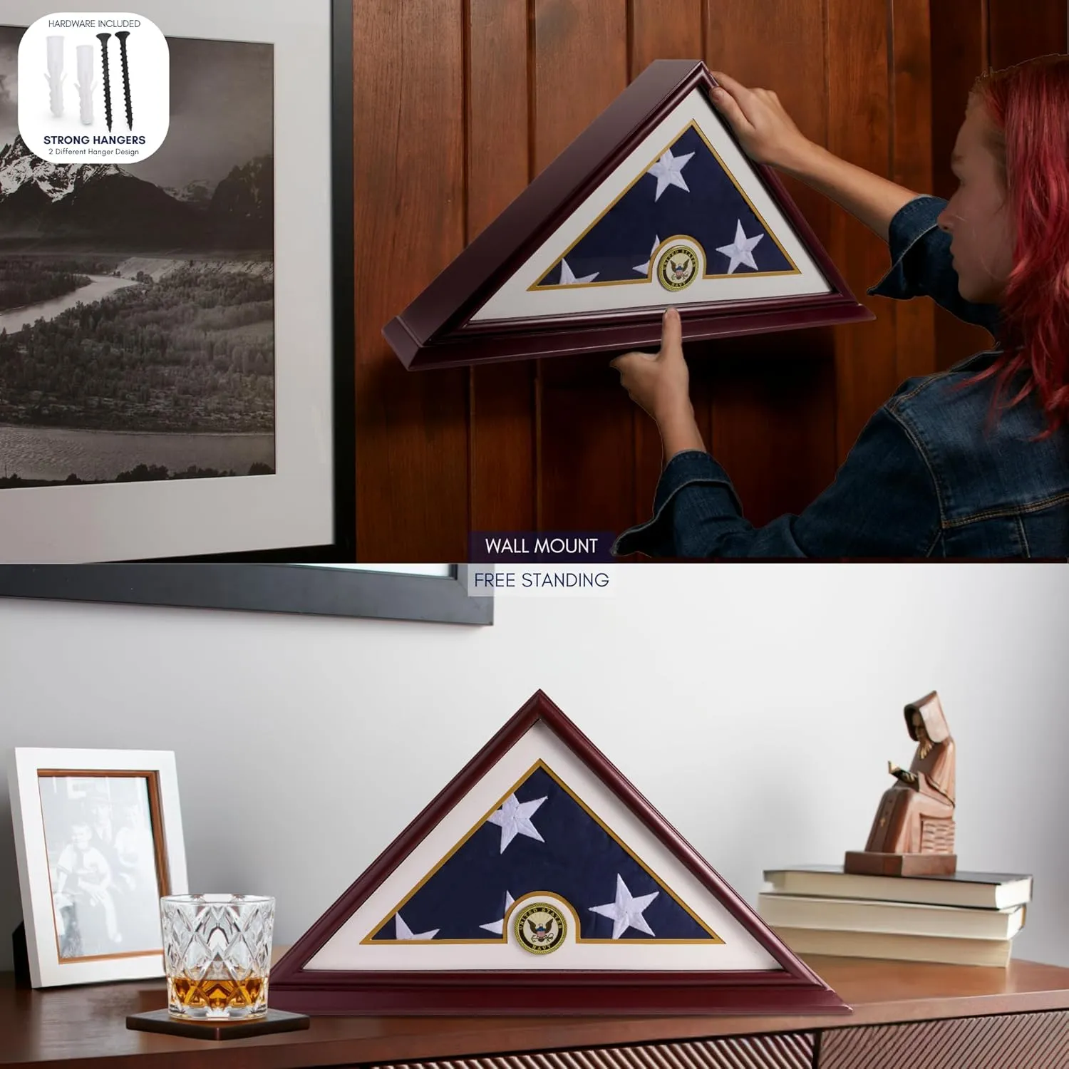 Burial Flag Display Case, Veteran Flag Display - Solid Wood Cherry Finish with UV-Protected Plexiglass and Optional Customizable Nameplate