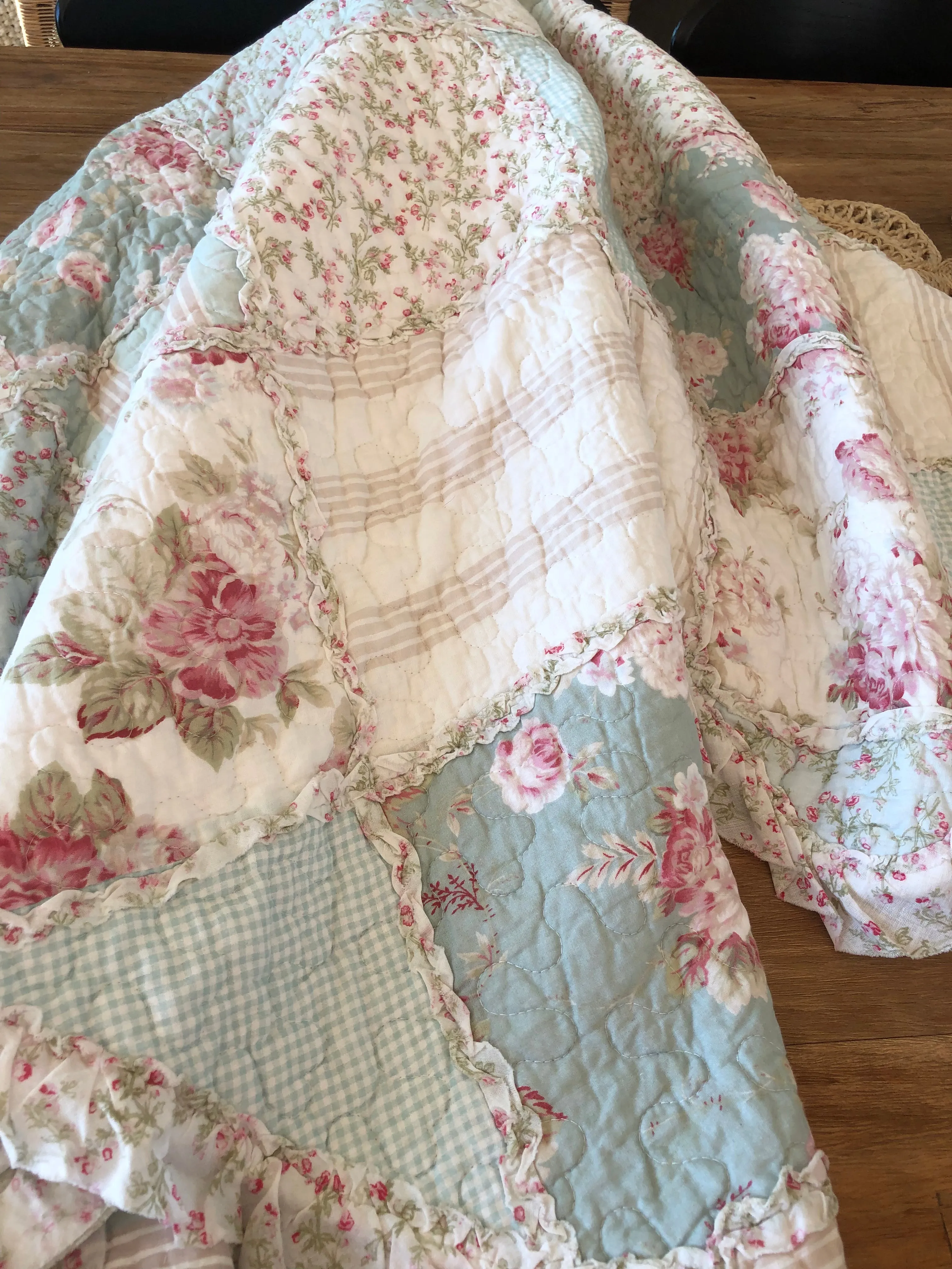 Floral Patchwork Country Charm Rose Ruffle Quilted Coverlet Bedcover Set Available in 4 Sizes