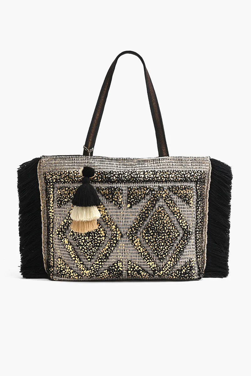 Gold Foil Tufted Black And Gold Hand Woven Tote