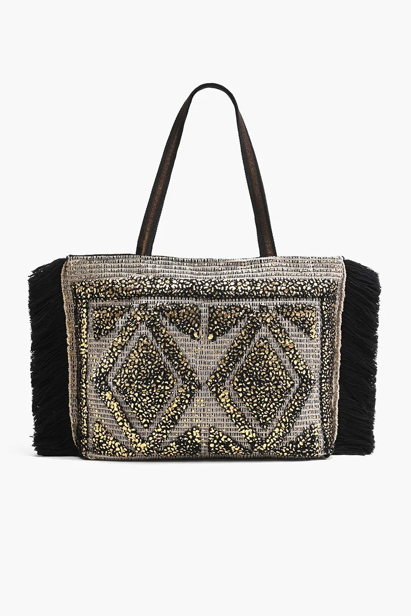 Gold Foil Tufted Black And Gold Hand Woven Tote