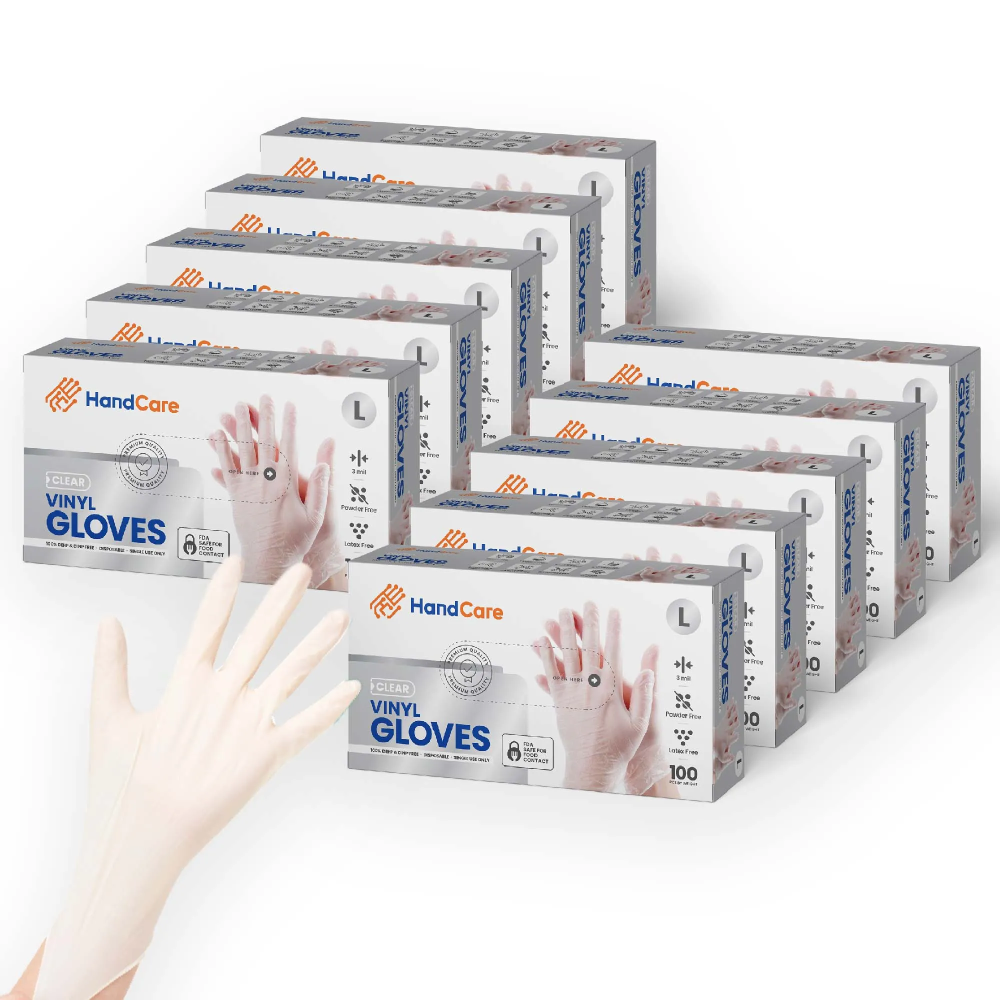 HandCare Vinyl Gloves - Exam Grade, Powder Free (Clear), 100 Cases (Bulk)