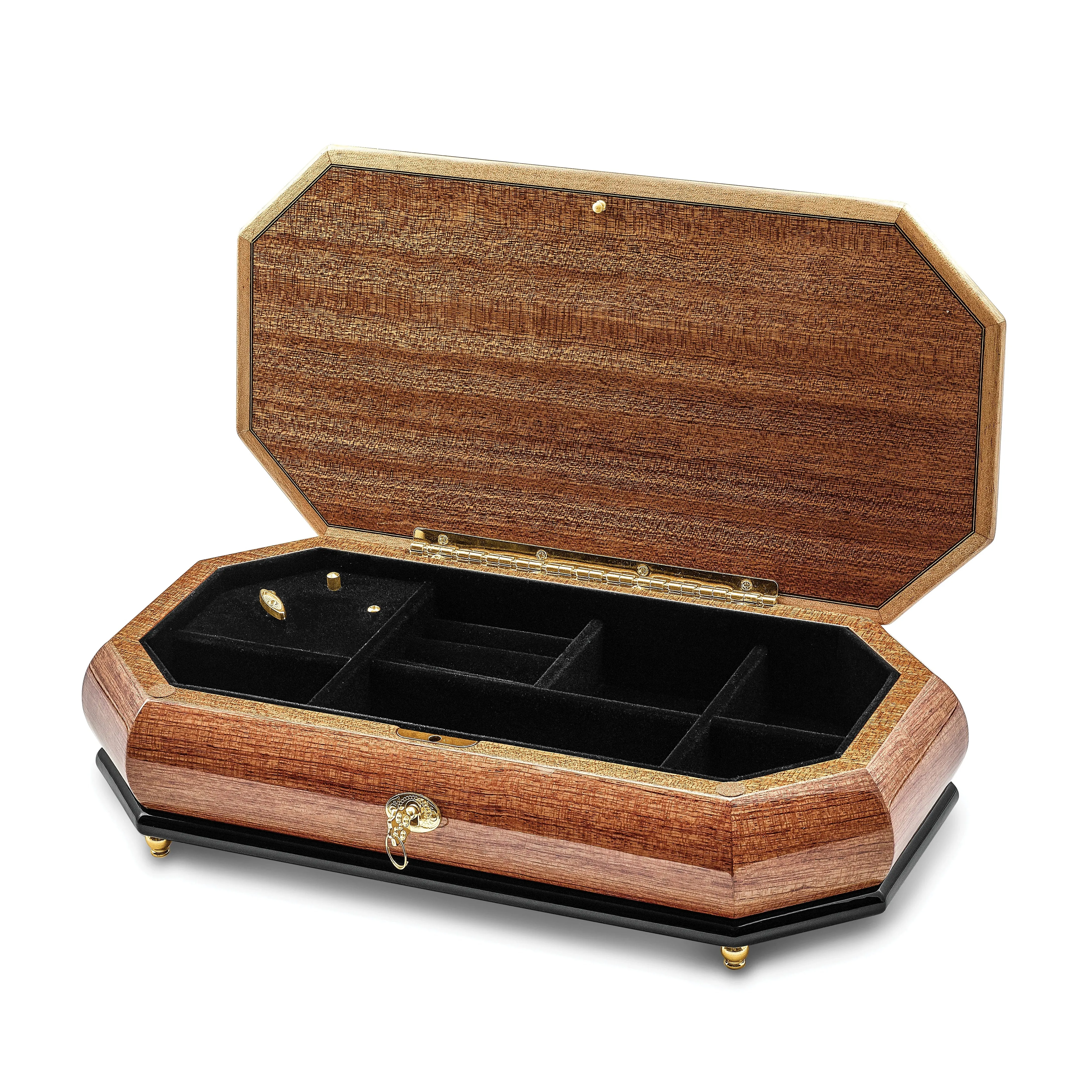 Luxury Giftware Bubinga Veneer with Black and Mother of Pearl Inlay Octagonal Locking Wooden (Plays Greensleeves) Music Box with Velveteen Lining