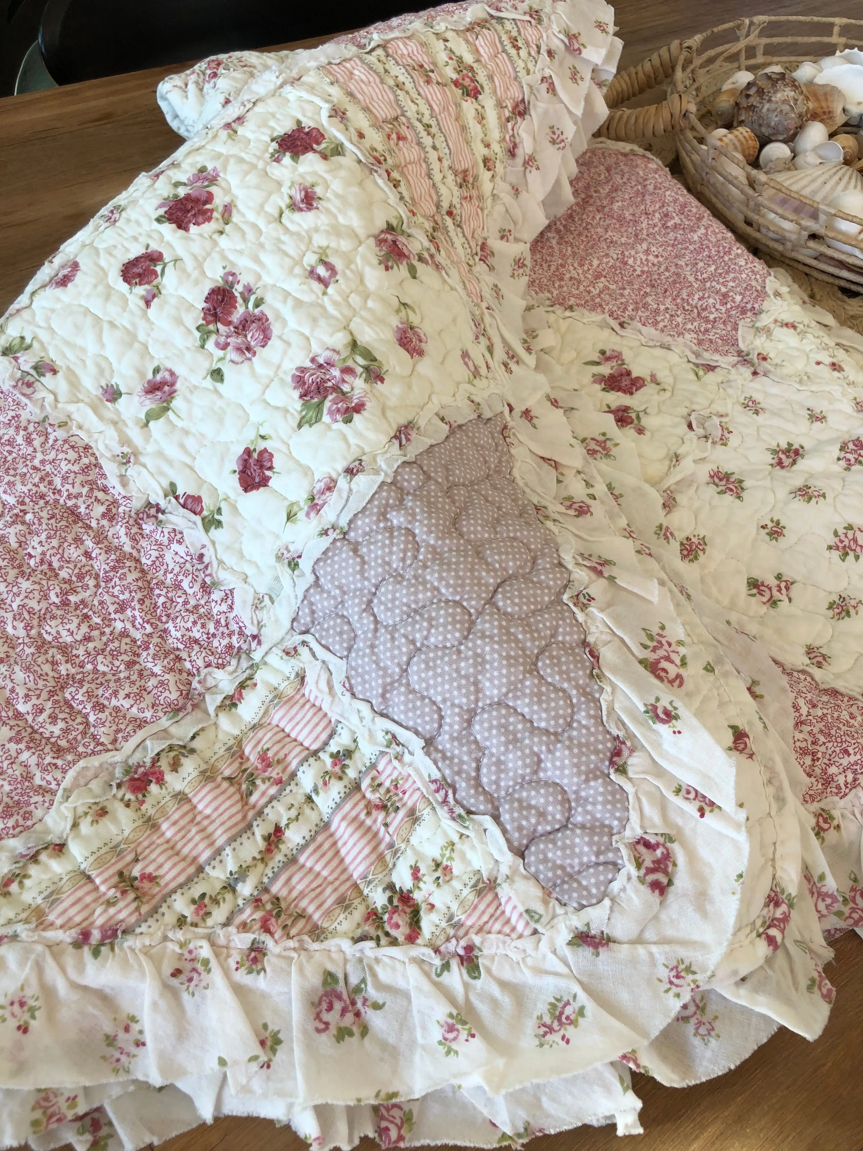 Pink Floral Patchwork Sarah Rose Ruffle Quilted Coverlet Bedcover Set Available in 4 Sizes