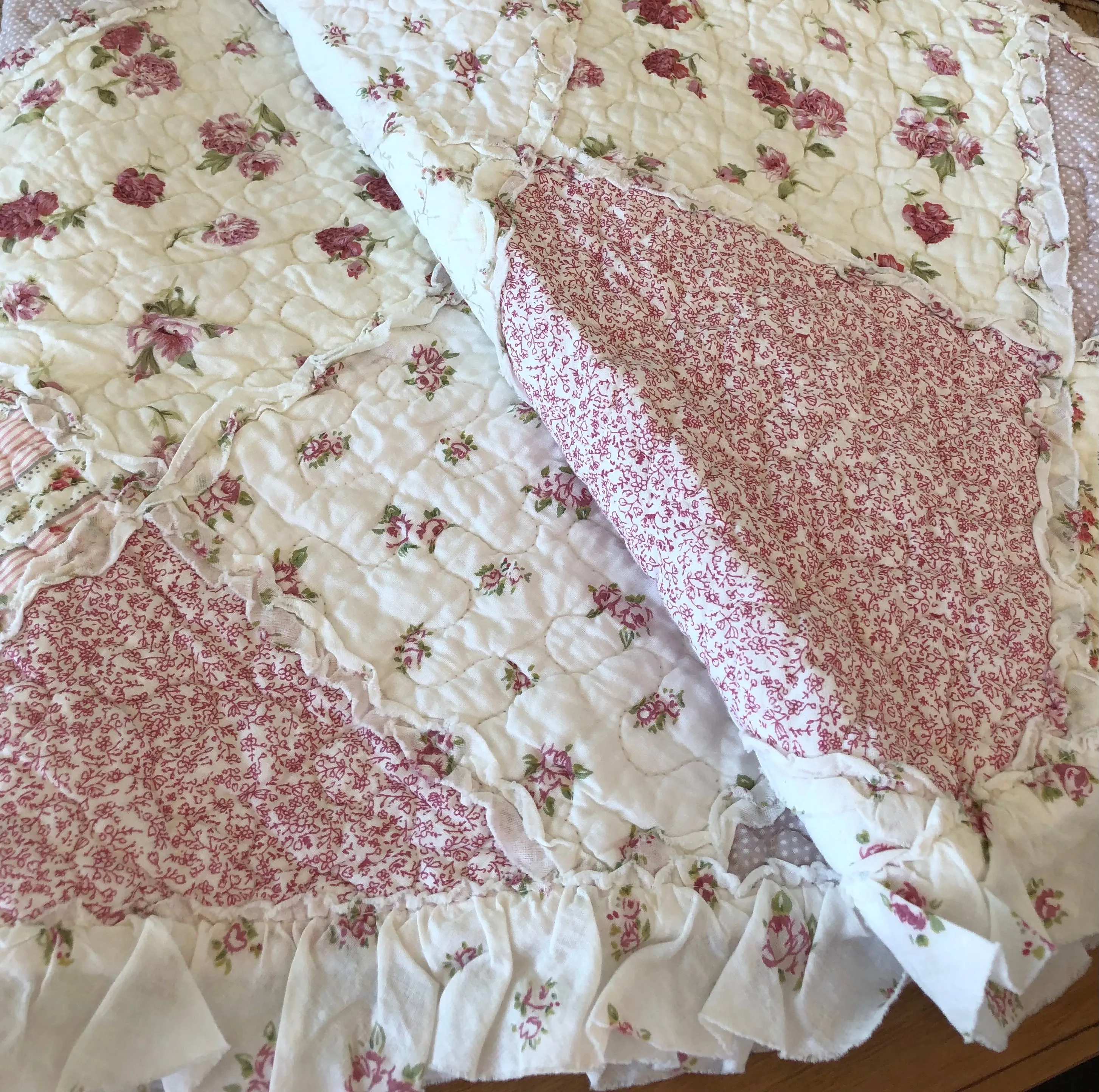 Pink Floral Patchwork Sarah Rose Ruffle Quilted Coverlet Bedcover Set Available in 4 Sizes