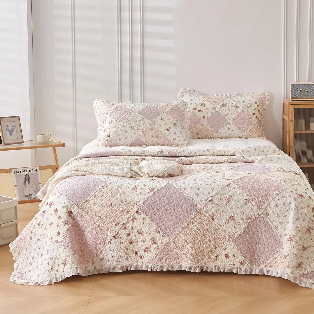 Pink Floral Patchwork Sarah Rose Ruffle Quilted Coverlet Bedcover Set Available in 4 Sizes