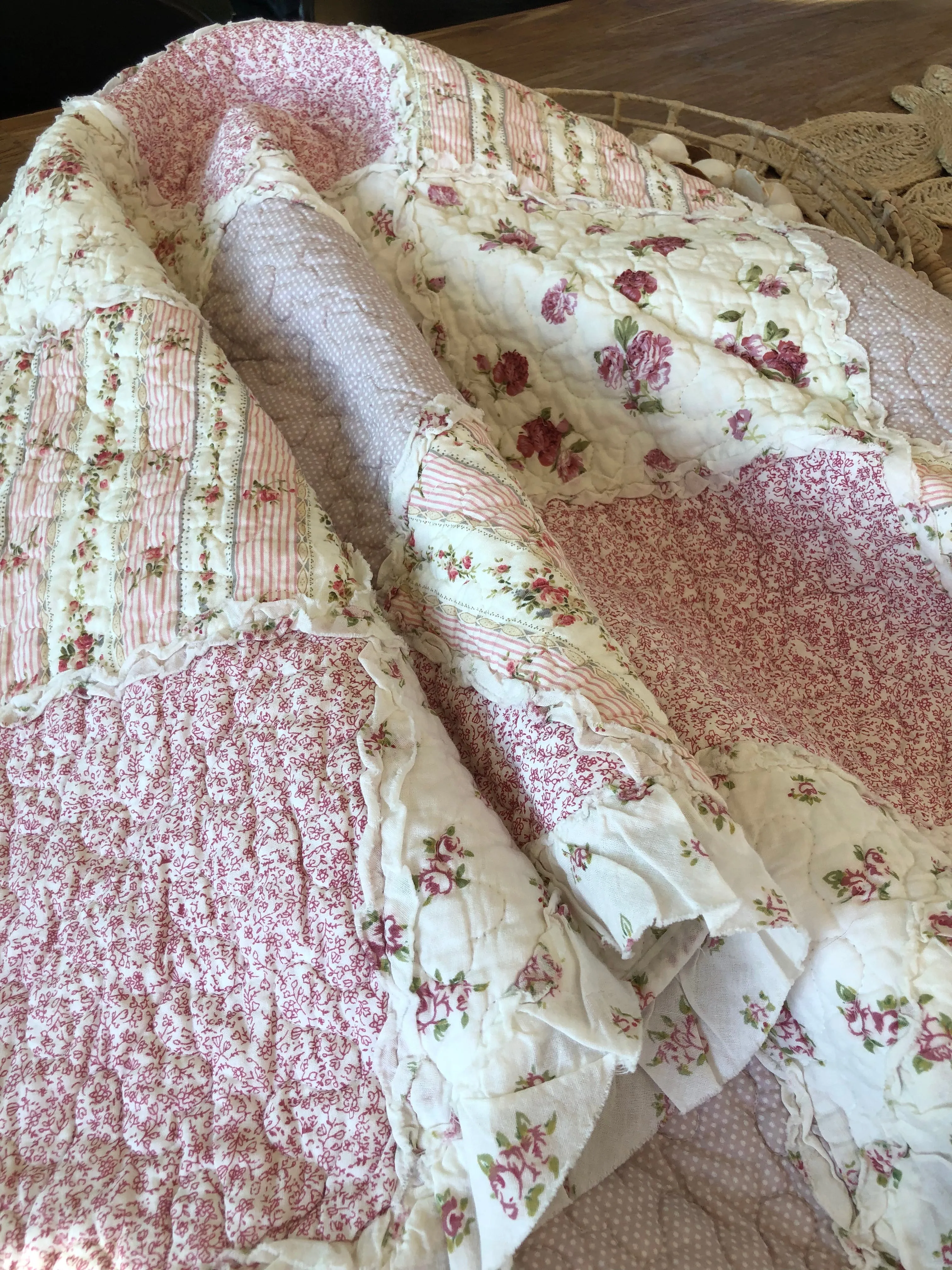 Pink Floral Patchwork Sarah Rose Ruffle Quilted Coverlet Bedcover Set Available in 4 Sizes