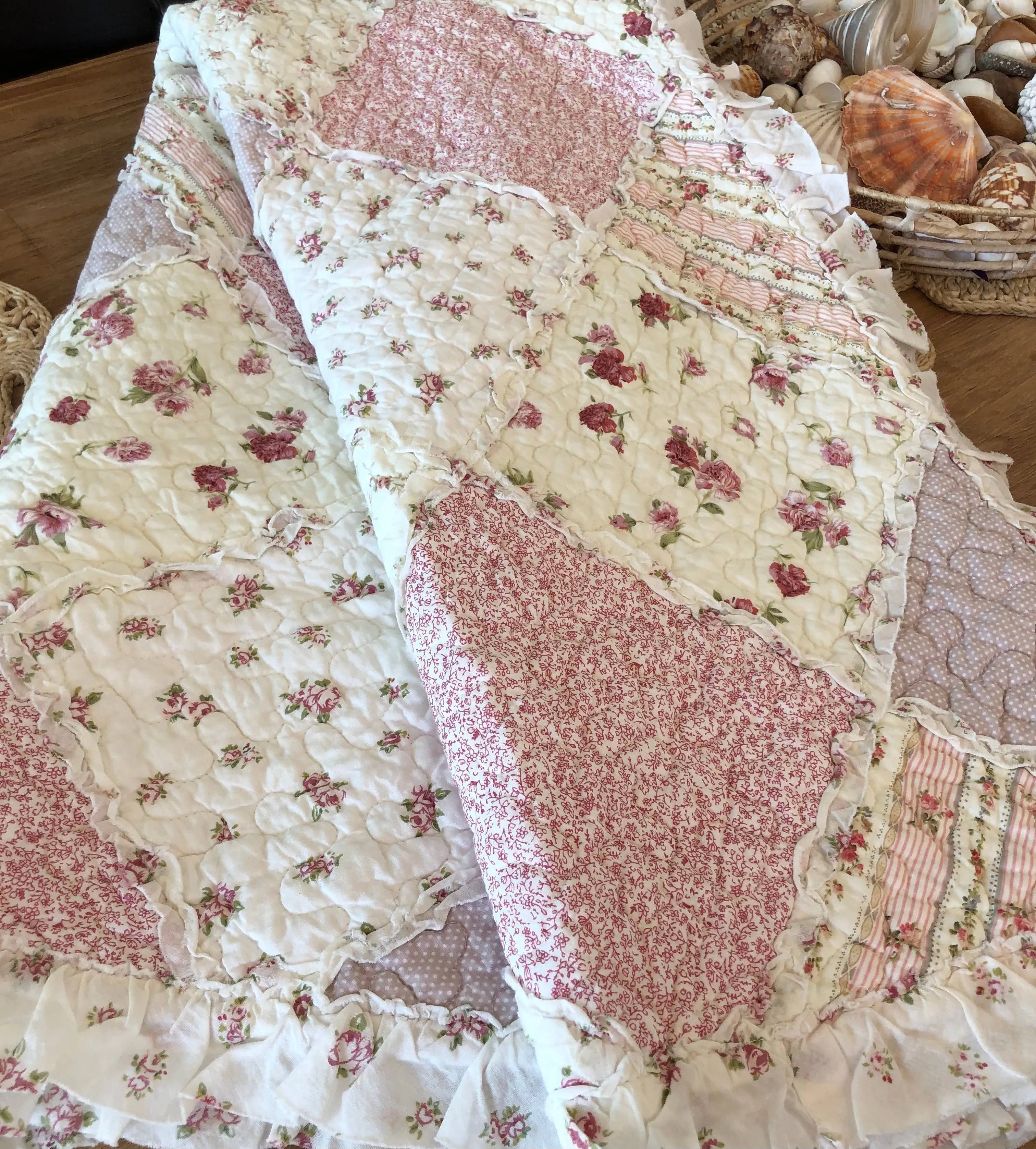 Pink Floral Patchwork Sarah Rose Ruffle Quilted Coverlet Bedcover Set Available in 4 Sizes