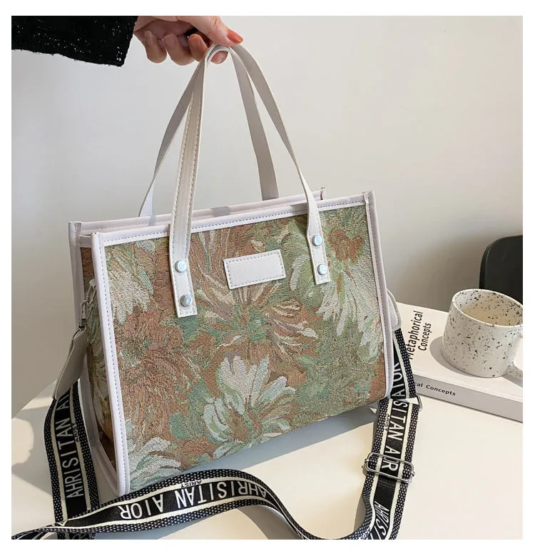 Sohiwoo Flower Printed Large Capacity Tote Bag All Over Floral Pattern Satchel Bag Casual Practical Commuter Bag