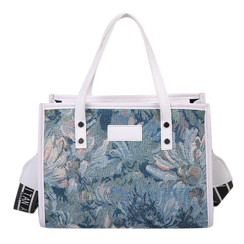 Sohiwoo Flower Printed Large Capacity Tote Bag All Over Floral Pattern Satchel Bag Casual Practical Commuter Bag