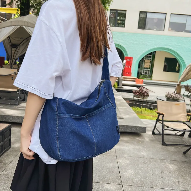 Sohiwoo Large Capacity Tote Bag Denim Lightweight Textured Shoulder Bag Versatile Commuter Bag