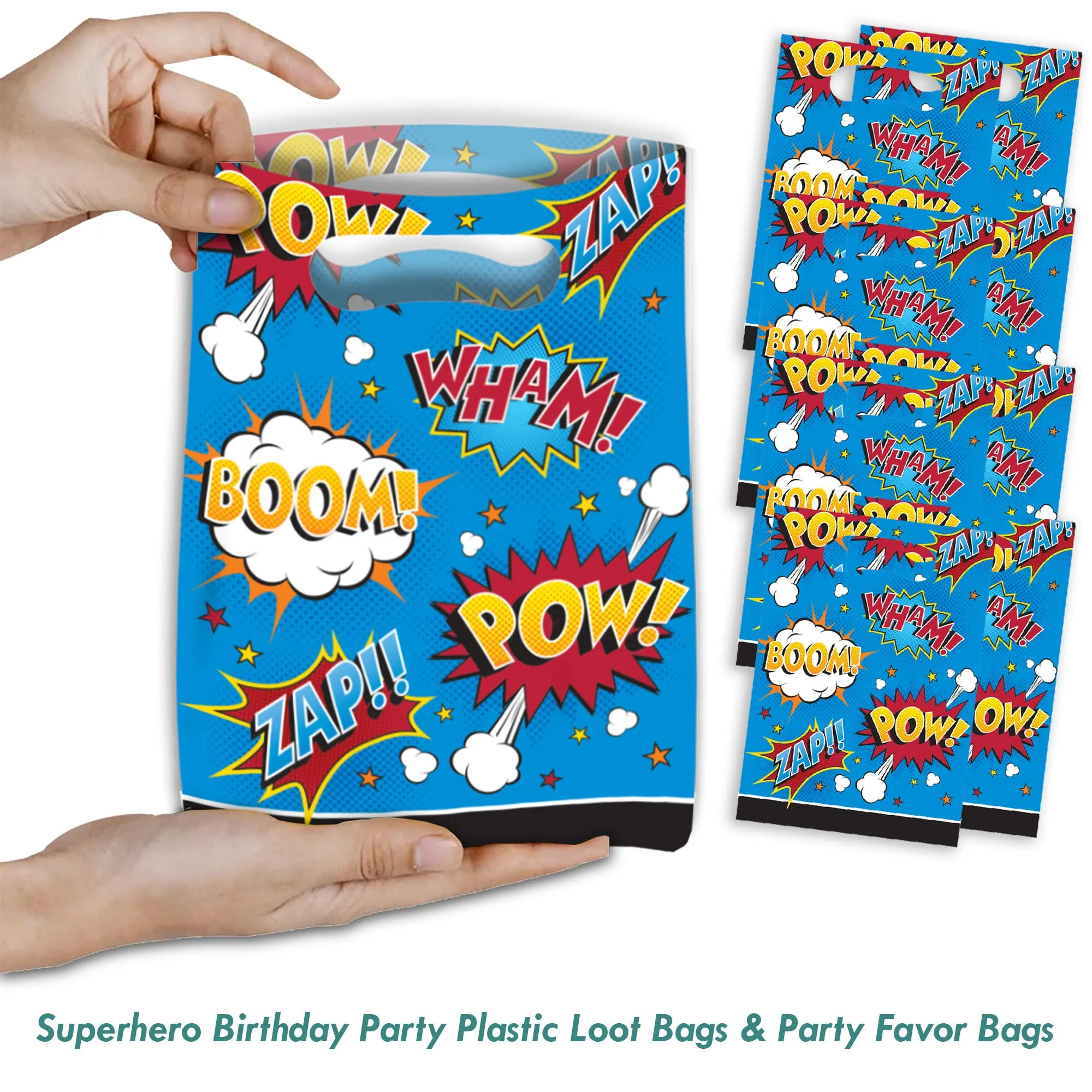 Superhero Birthday Party Plastic Loot Bags & Party Favor Bags, 9 Inch Size, 16 Count