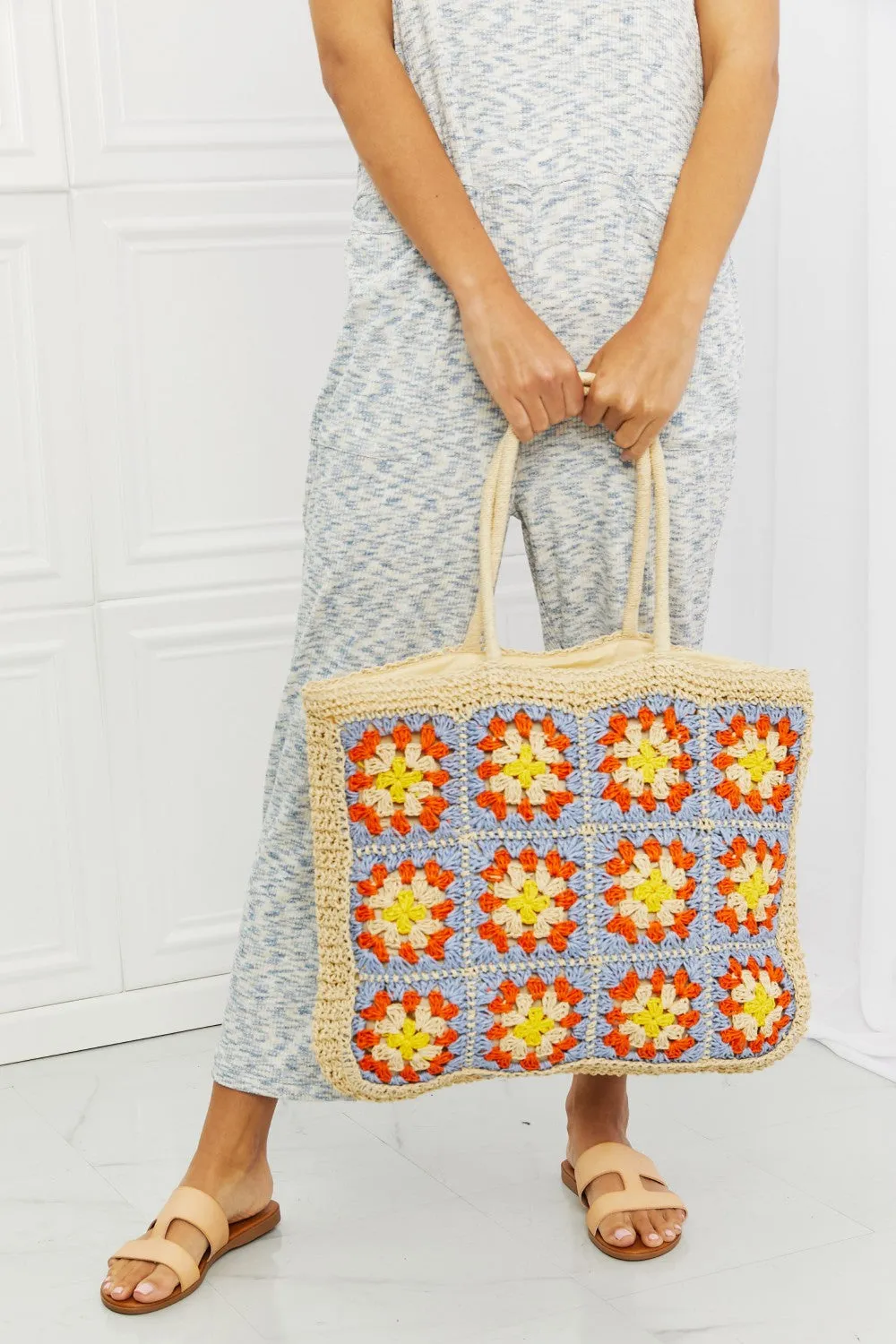 Vintage Style Crochet-Design Large Straw Tote