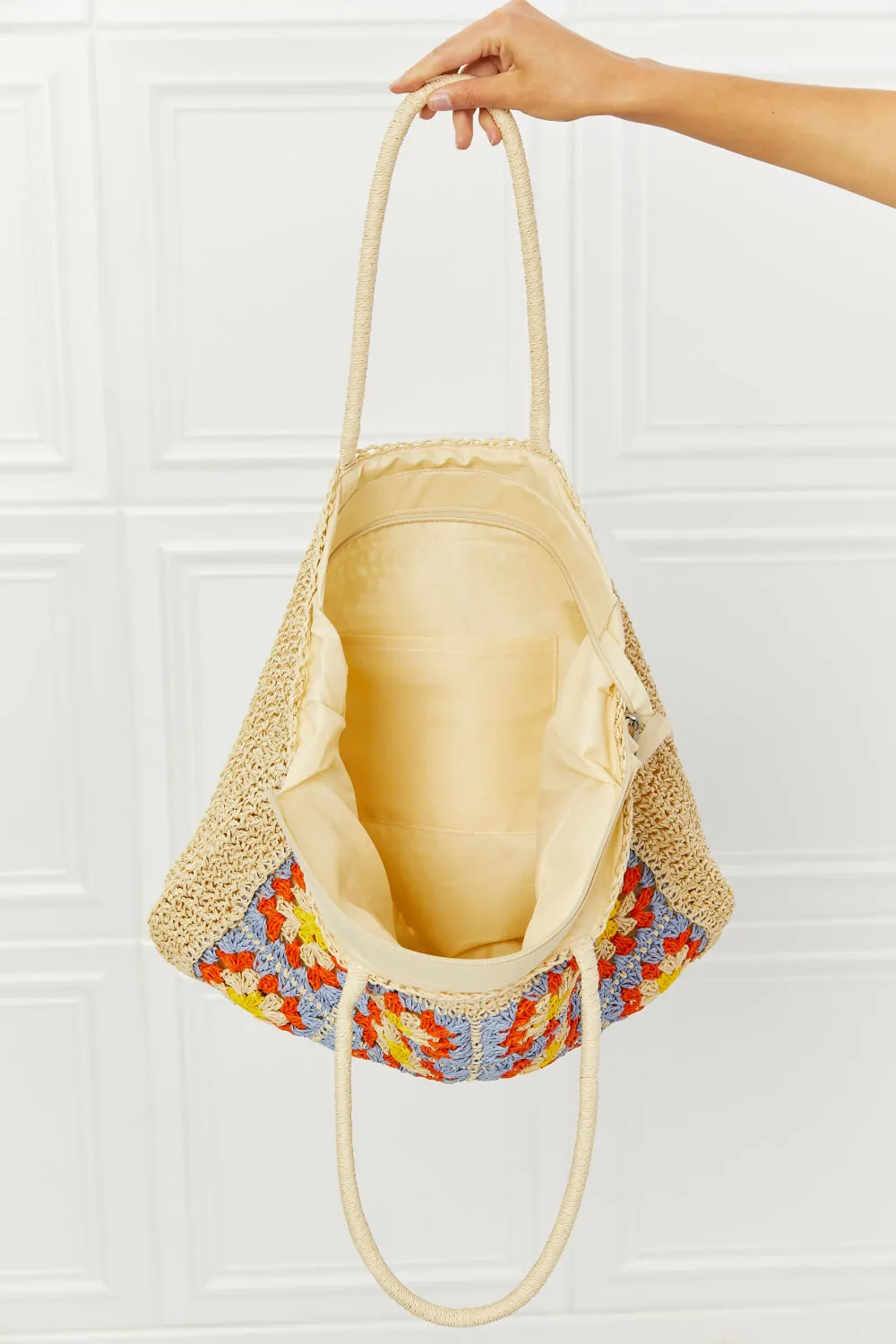 Vintage Style Crochet-Design Large Straw Tote